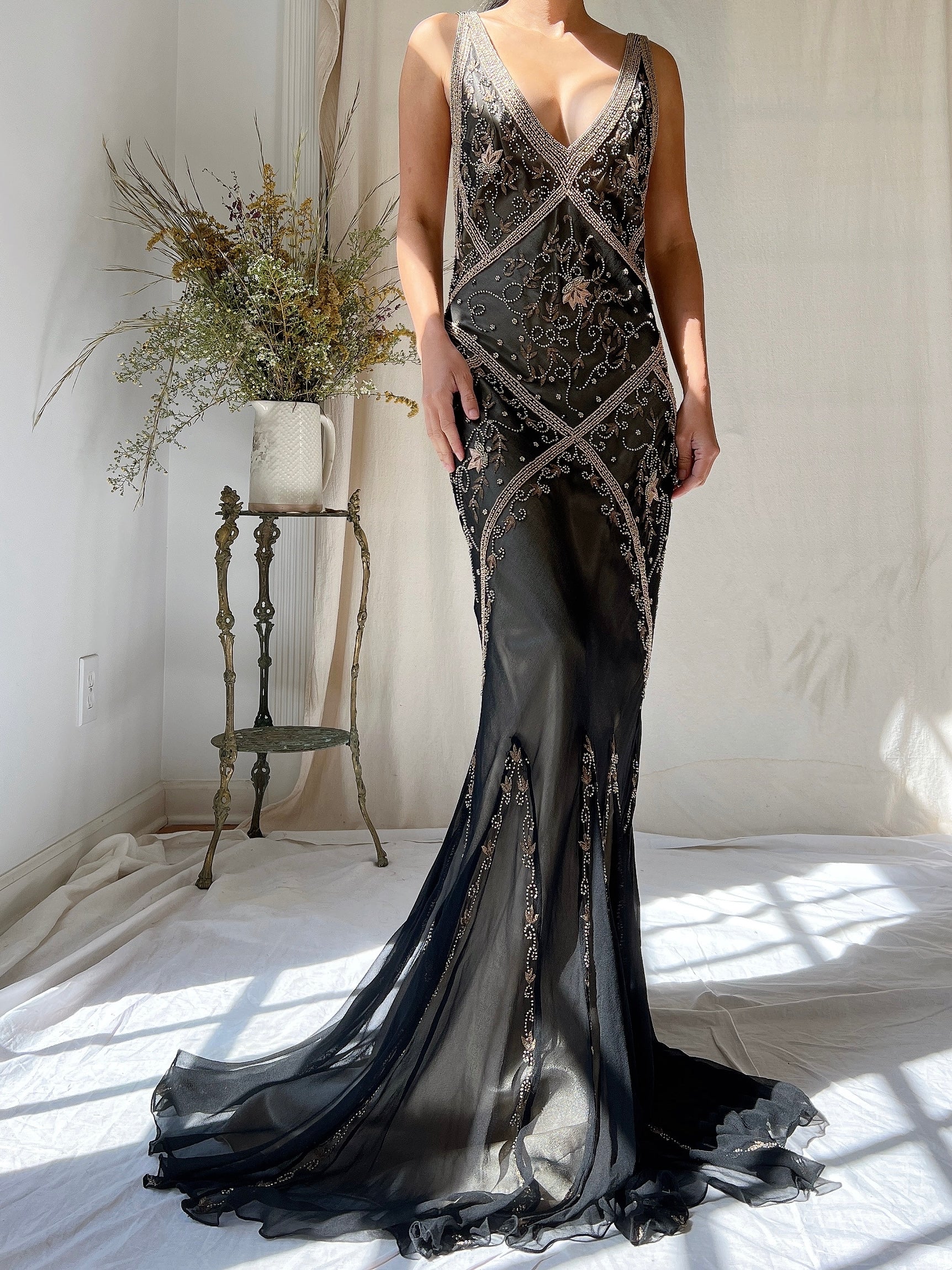 Vintage Silk Beaded Bias Cut Dress - M