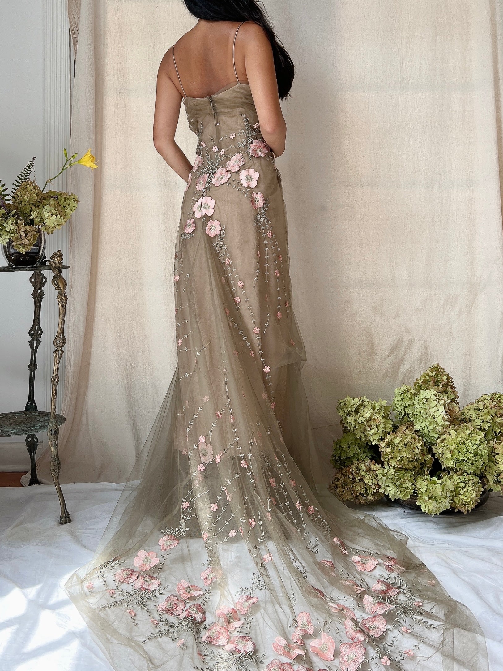 Rare Vintage Moss Carol Peretz Embroidered Tulle Gown - S/M