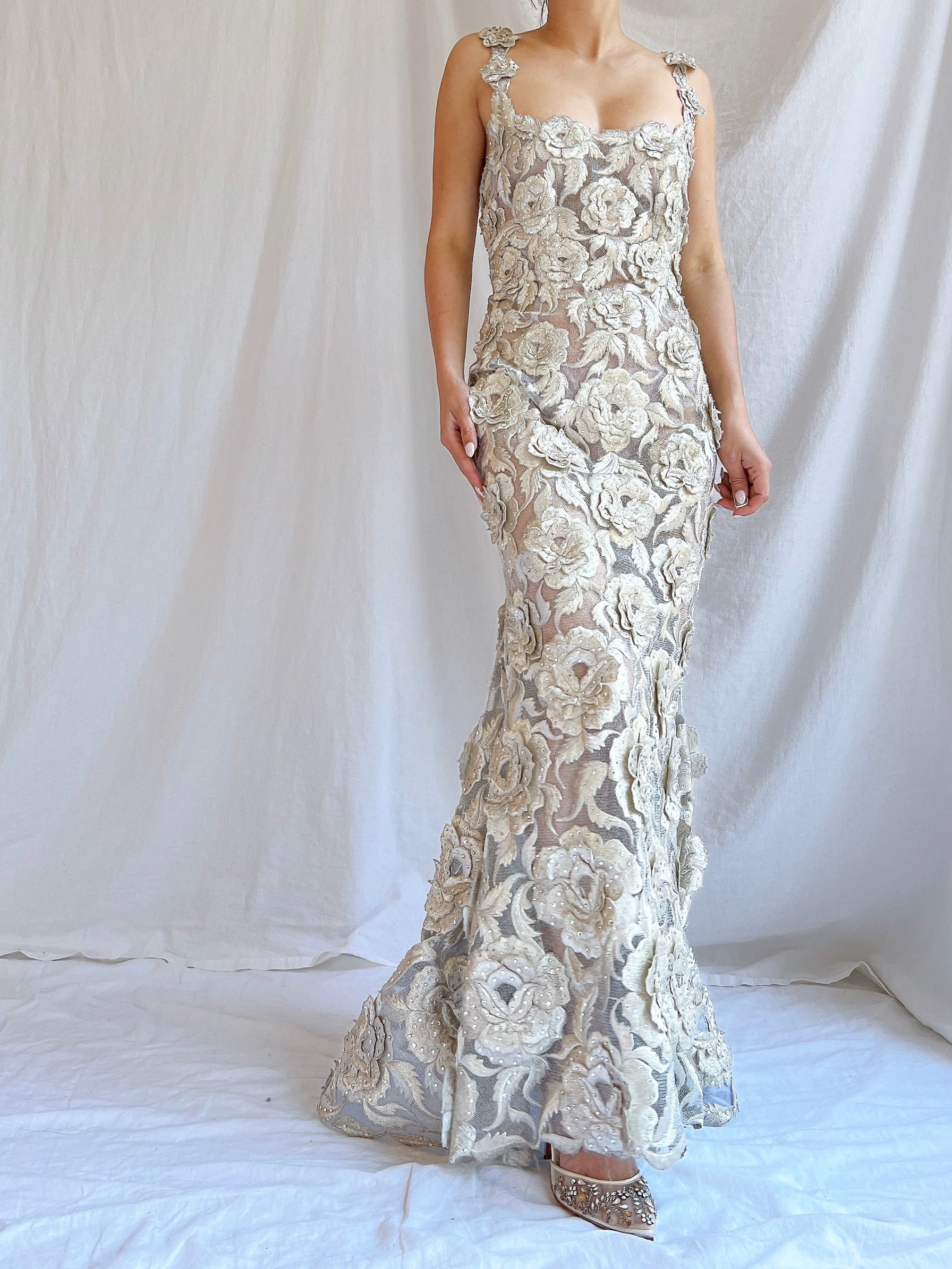 Vintage Fe Zandi Couture Metallic Rose Embroidered Dress - S/4