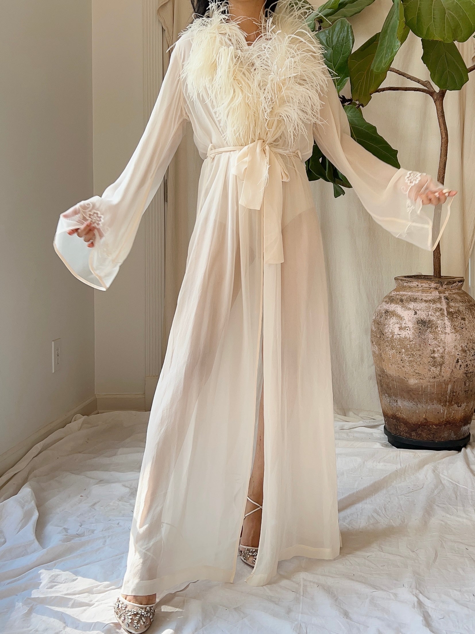 Vintage Silk Chiffon Feather Robe - S-M
