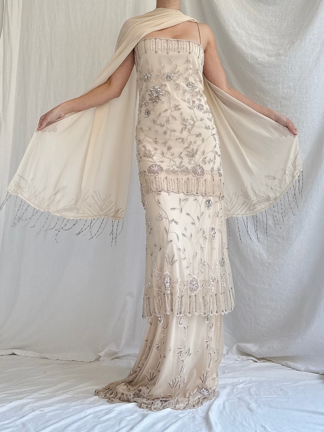 Vintage Ecru Tulle Beaded Tiered Column Gown with Silk Scarf - L