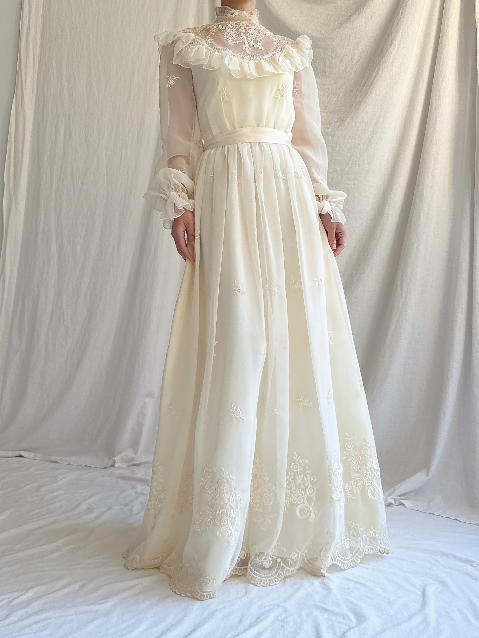 1980s Chiffon Embroidered Dress - XS/S