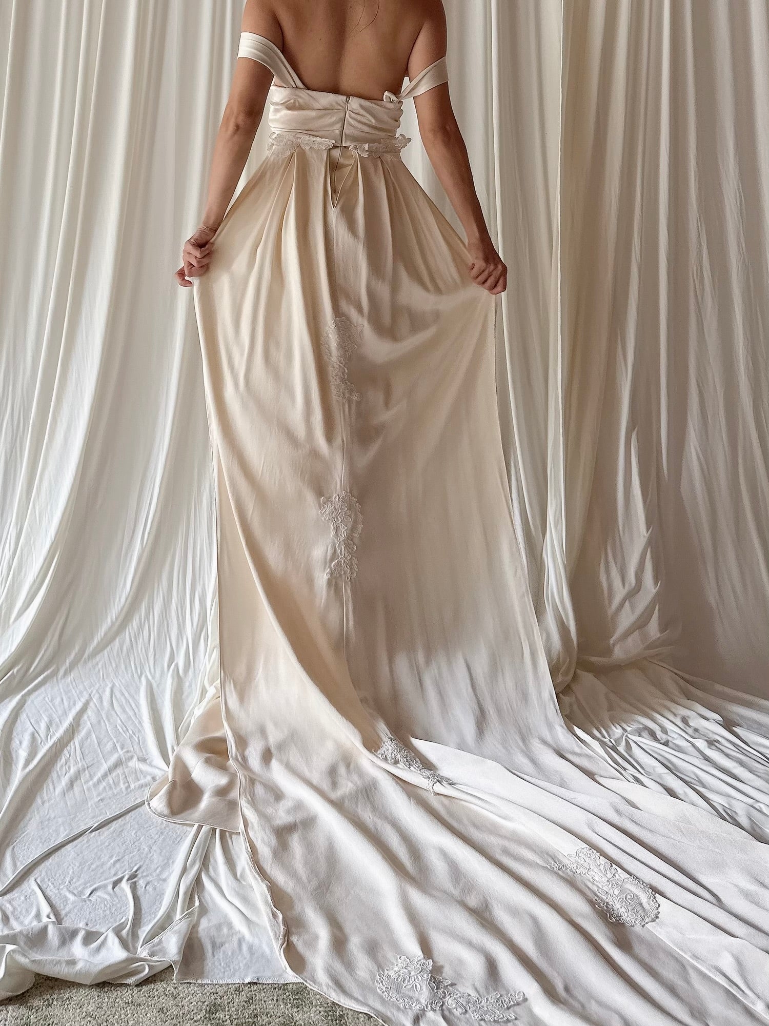 Vintage Silk Draped Bias Cut Gown with Detachable Train - M