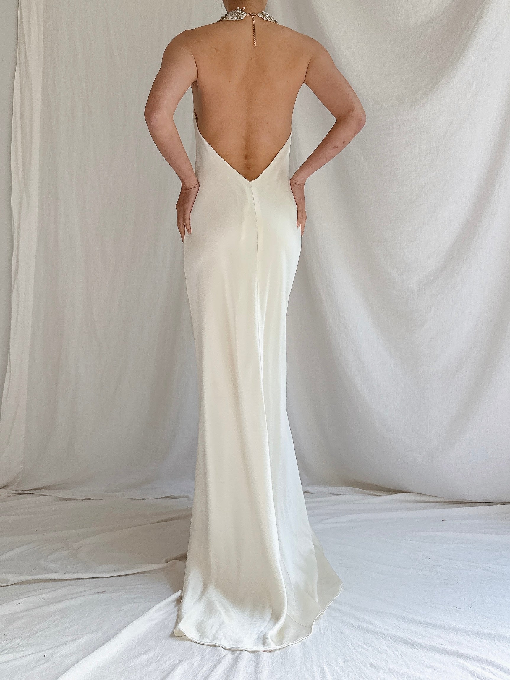 Vintage Satin Beaded Collar Gown - M