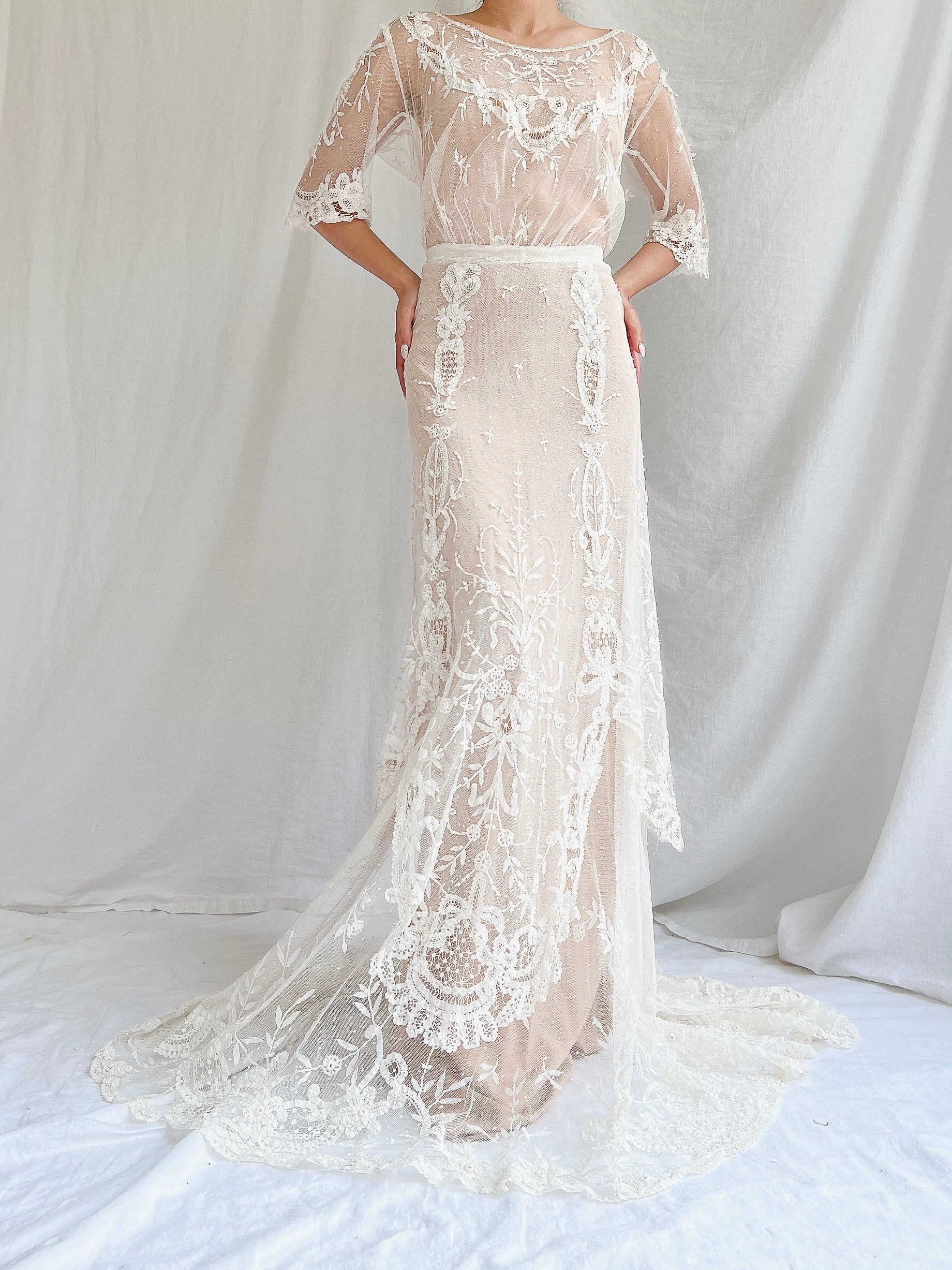 Antique Duchesse Lace Gown with Silk Slip - S