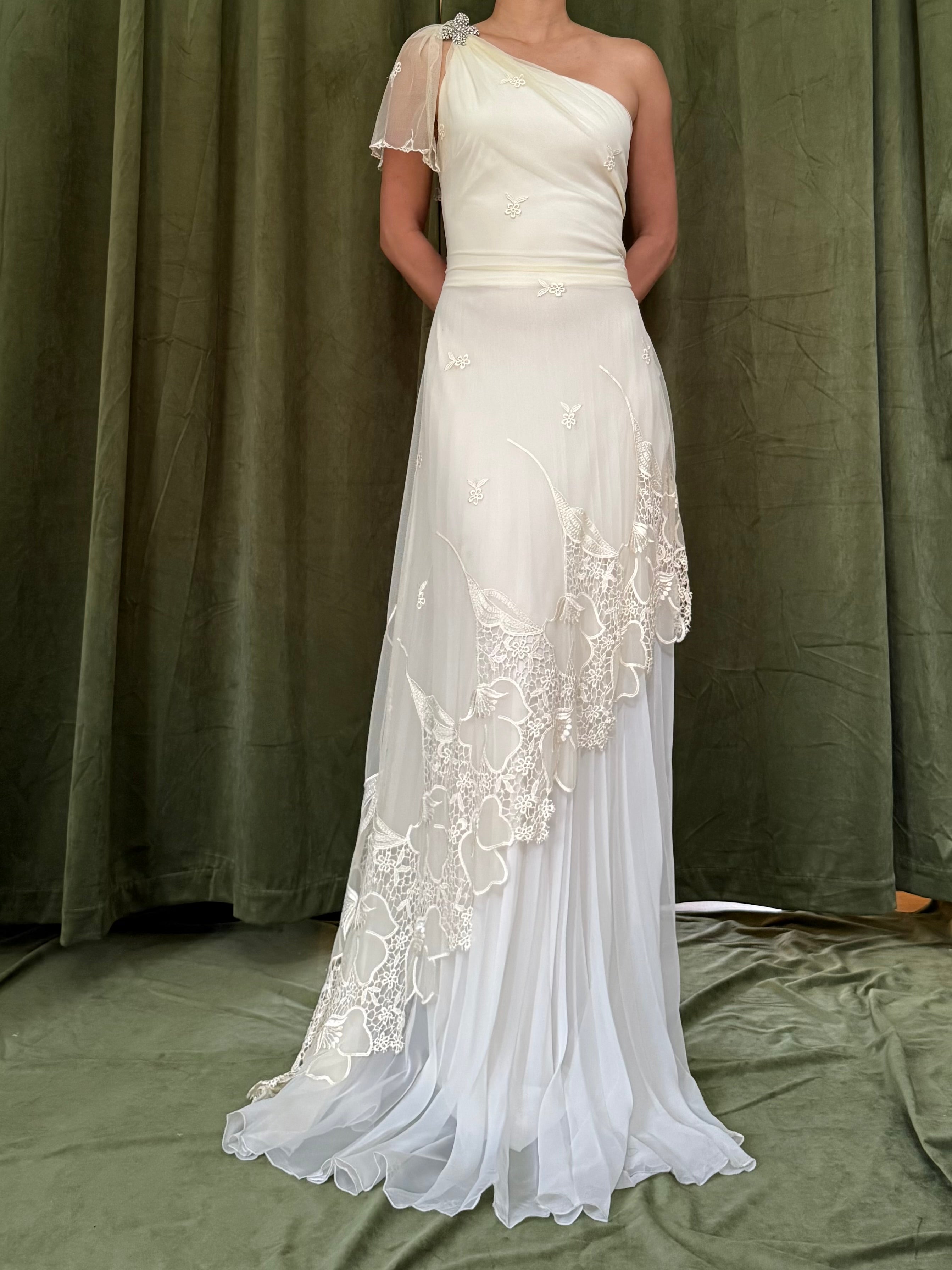 Vintage Rayon Tulle Chiffon One Shoulder Gown - S/4