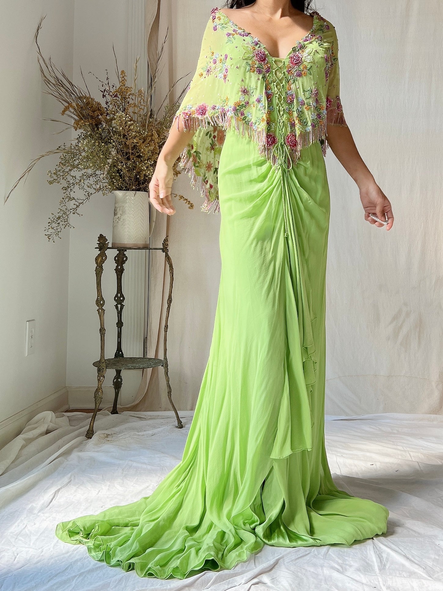 Vintage Chartreuse Belleville Sassoon Silk Cape Dress - XL/UK18