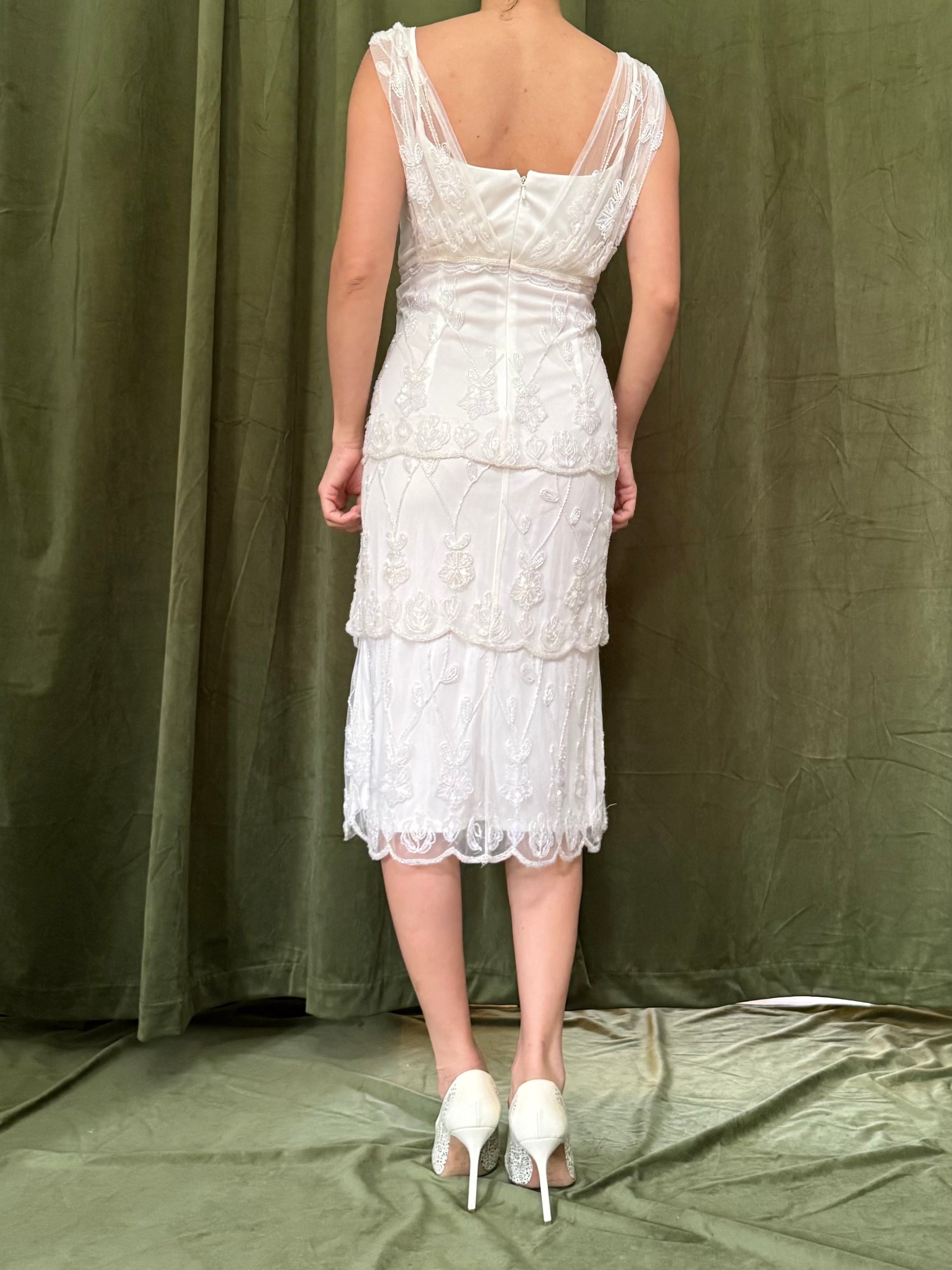 Vintage Ivory Beaded Tiered Dress - M/L/10