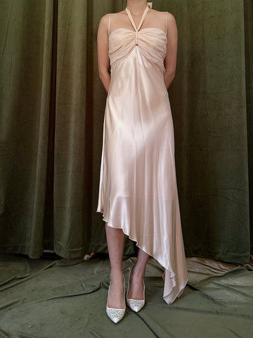 Vintage Peach Silk Halter Dress - M