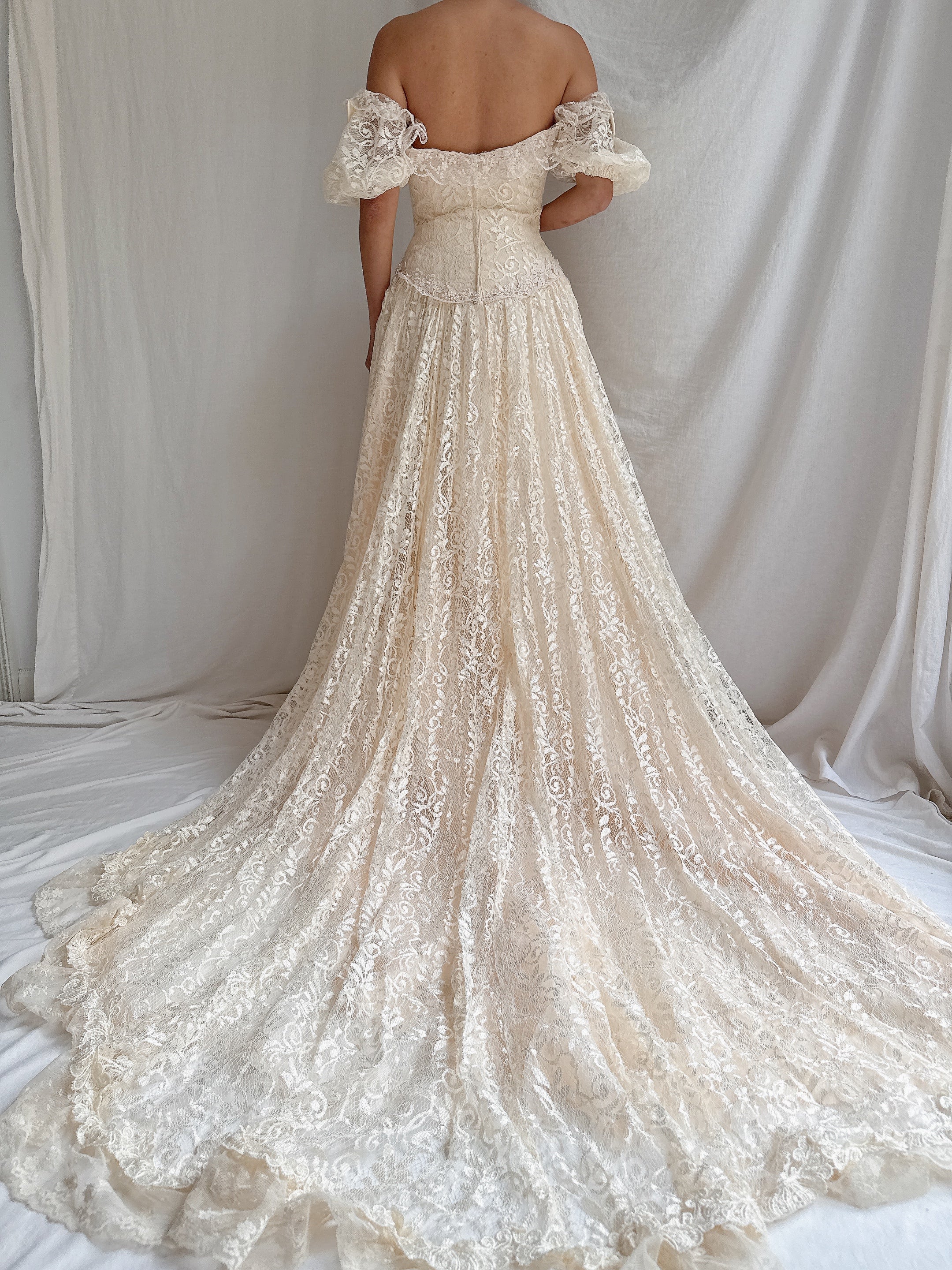 1980s Off-the-Shoulder Lace Gown - S