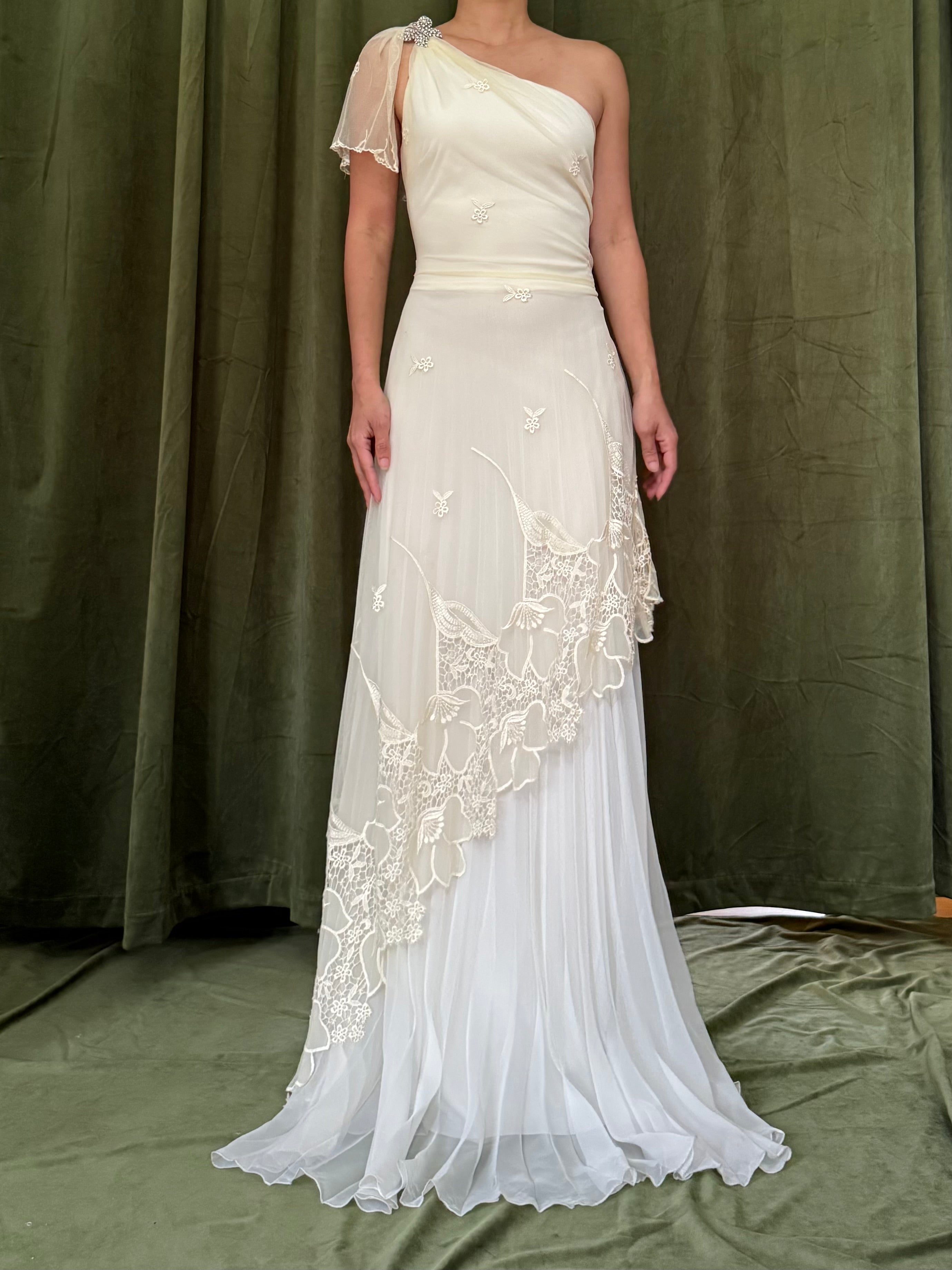 Vintage Rayon Tulle Chiffon One Shoulder Gown - S/4