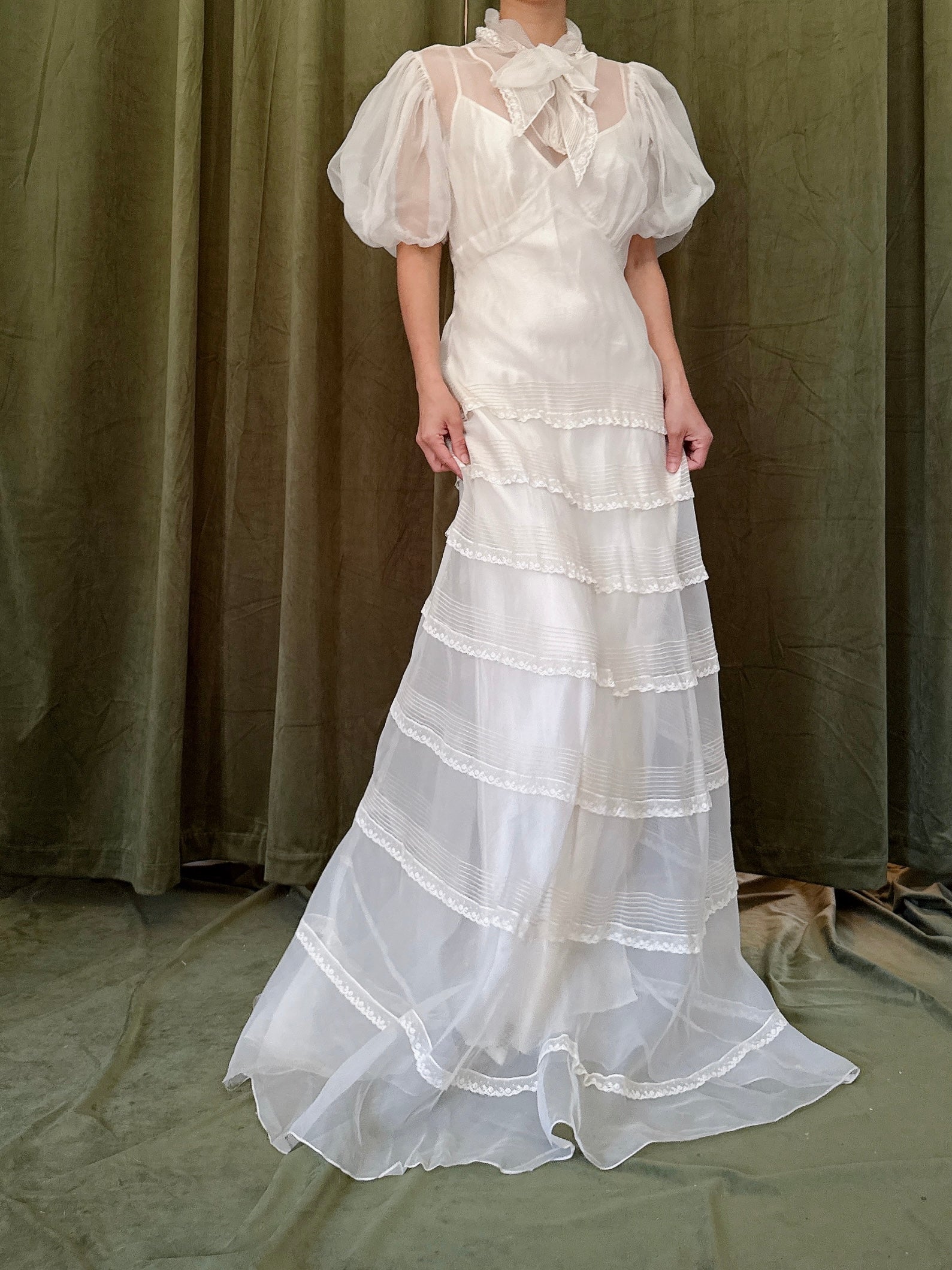 1930s Silk Organza Puff Sleeve Gown - XS