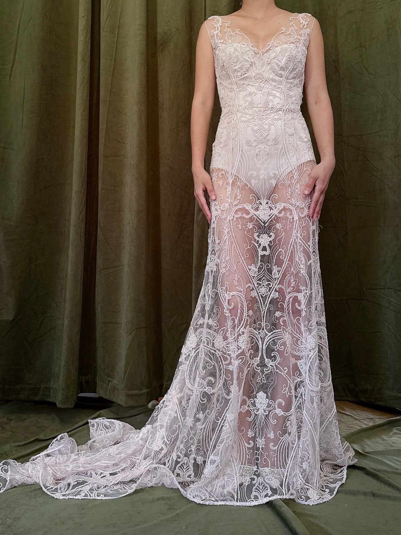 00 Light Pink Sheer Beaded Gown - M