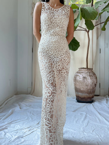 Vintage Ivory Silk Hand Beaded Dress - S/M