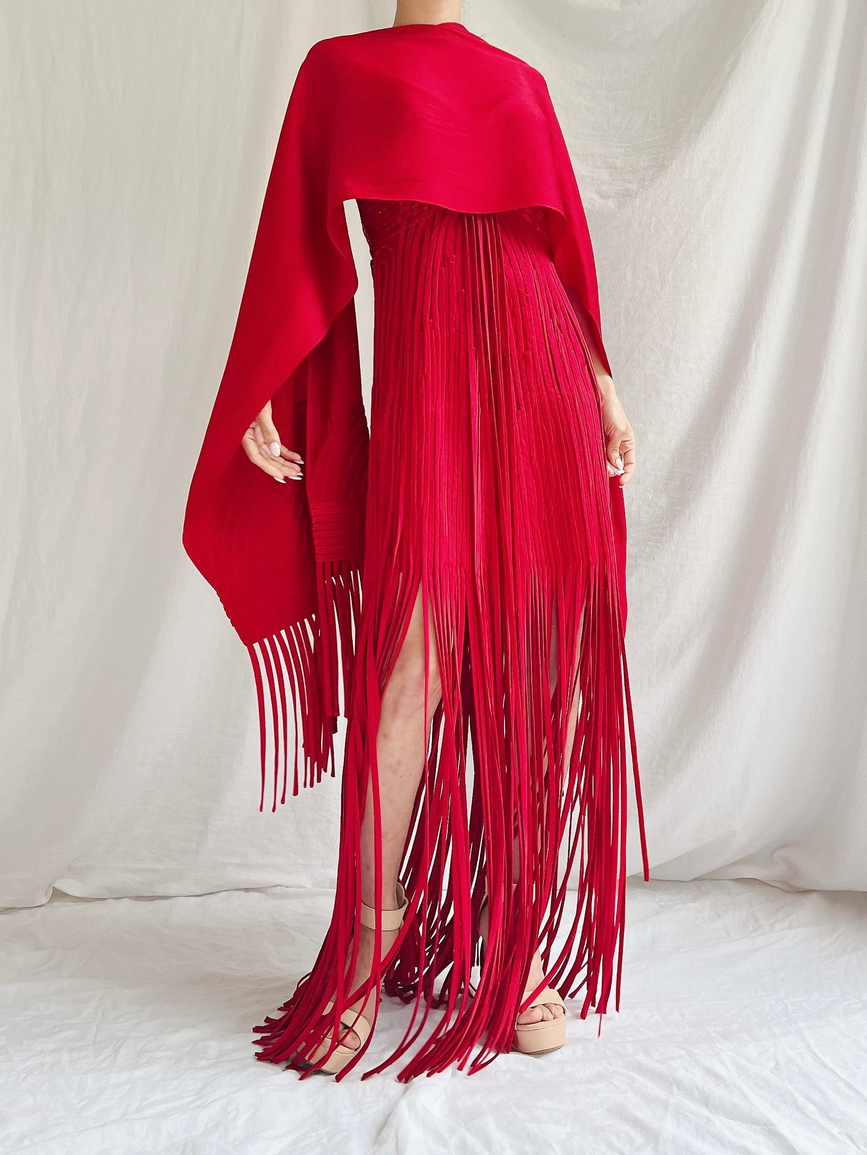 Vintage Sue Wong Silk Fringed Gown with Scarf - M