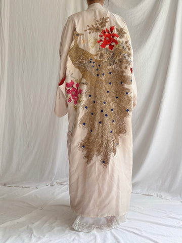 Antique Silk Peacock Embroidered Kimono - OSFM