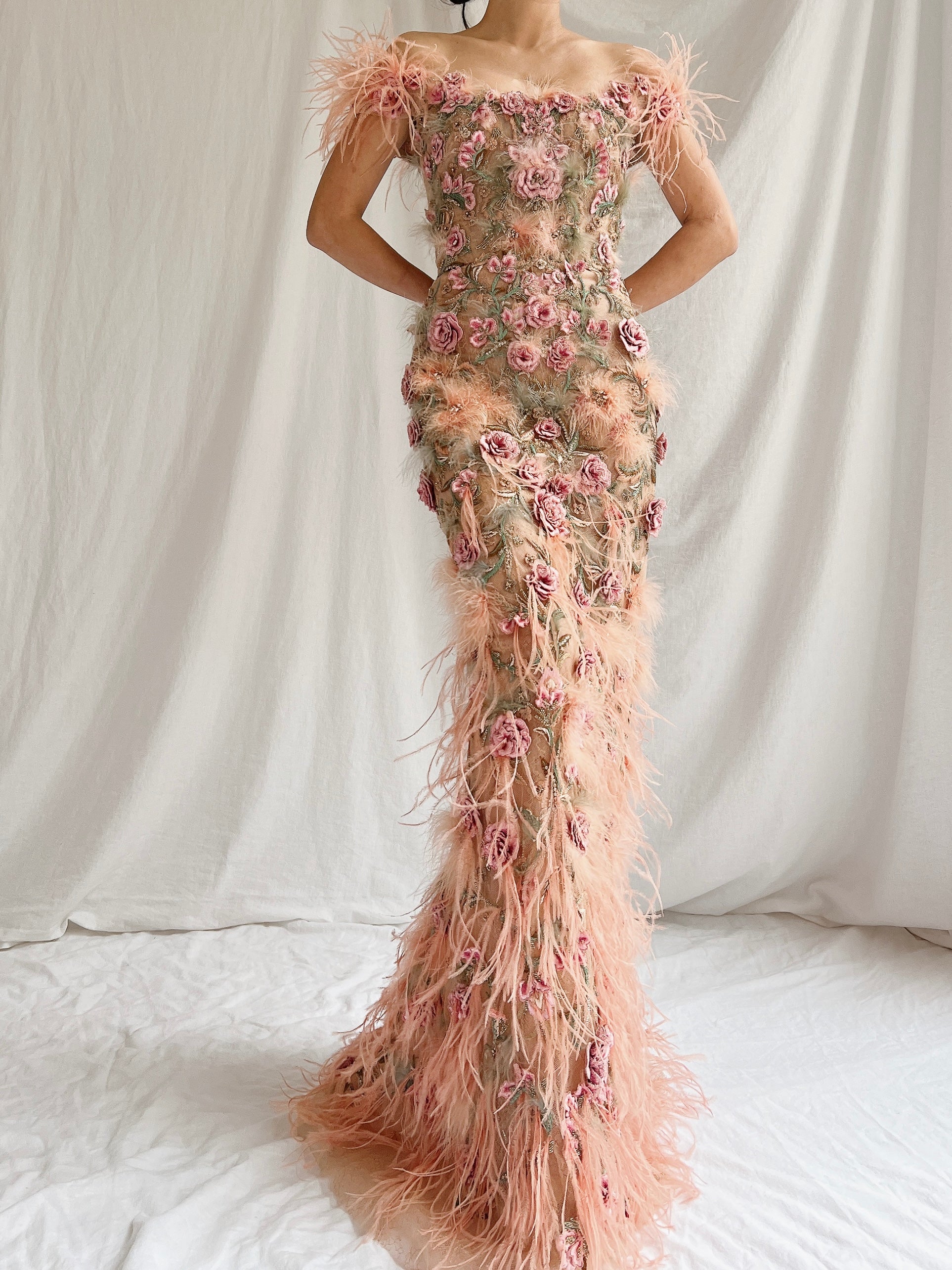 Marchesa Peach Feather 3D Embellished Gown - XS