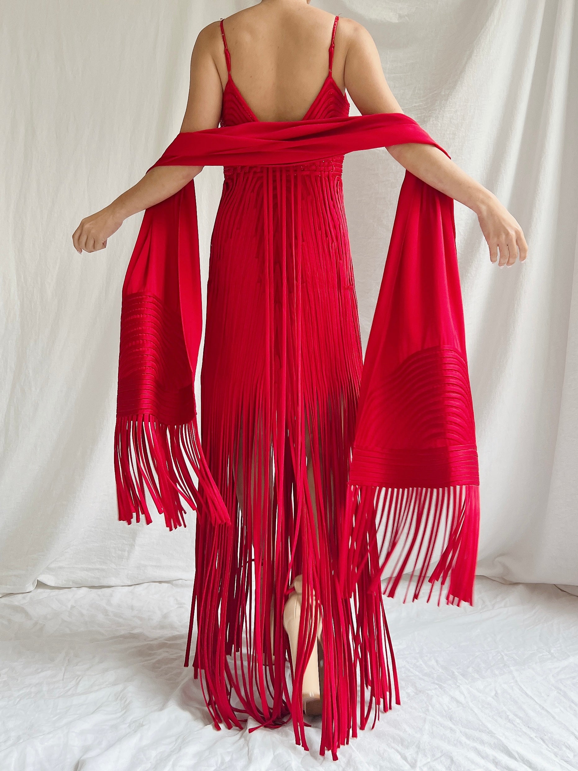 Vintage Sue Wong Silk Fringed Gown with Scarf - M