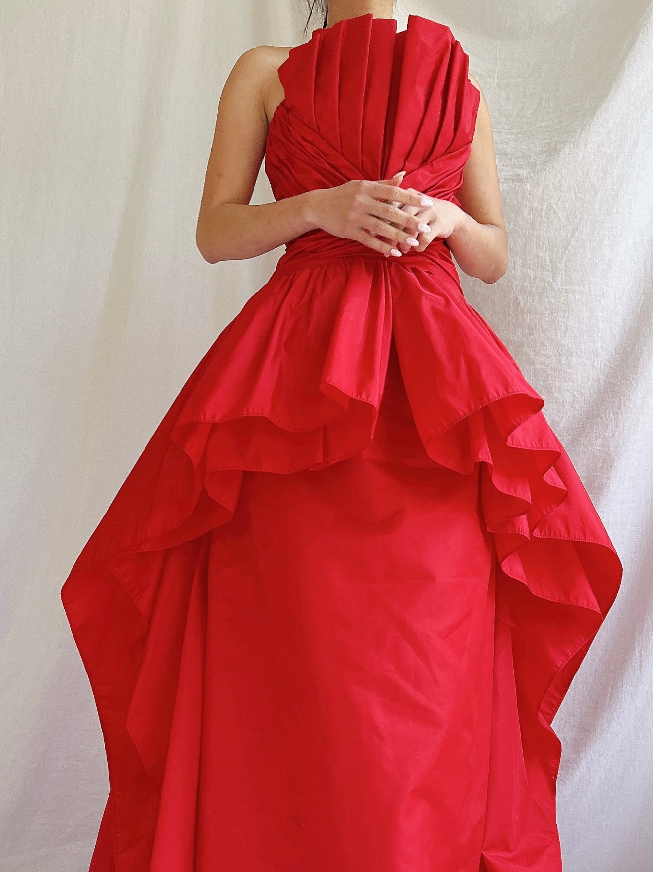 Vintage Victor Costa Rose Red Pleated Column Gown - M