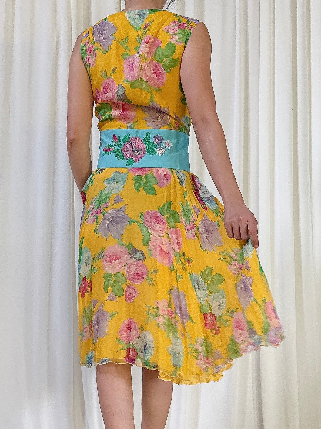 Vintage Yellow Floral Dress - M