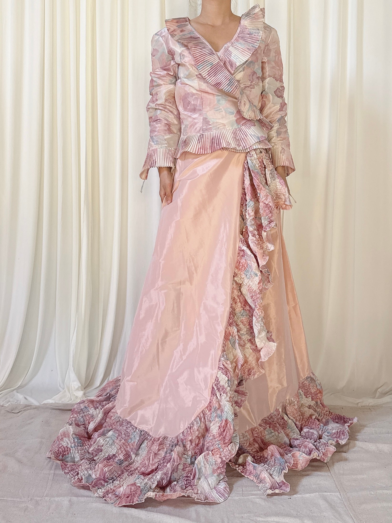 Vintage Paule Vasseur 2 Piece Pink Silk Floral Set - FR 40