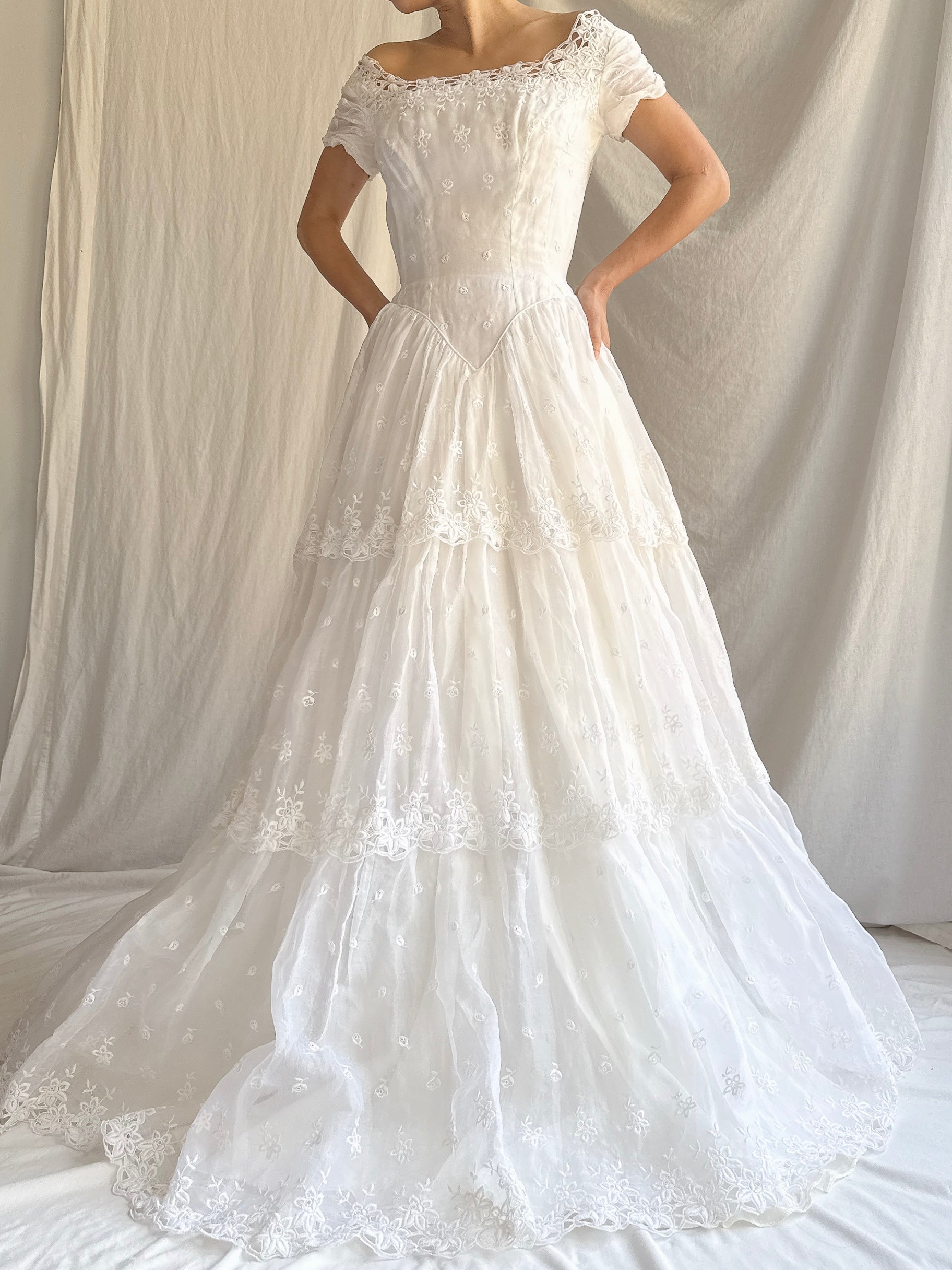 RESERVED for Colette 1950s Organdy Embroidered Gown - XS