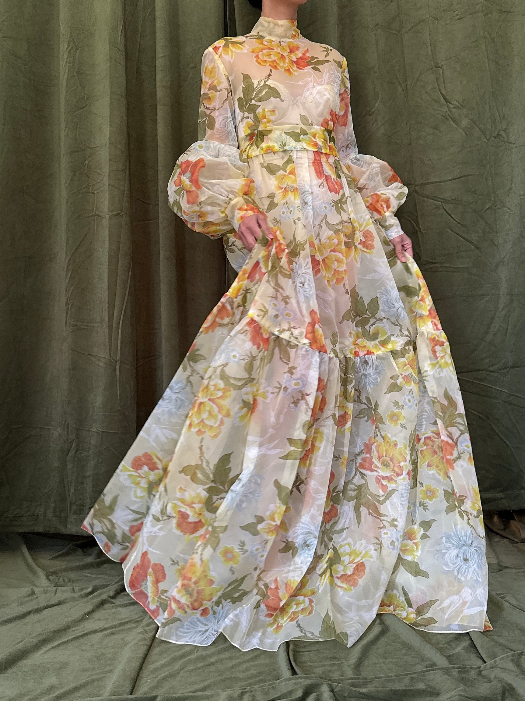 1960s Voile Floral Dress - S
