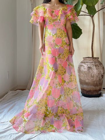 1970s Sheer Voile Floral Dress - S/M