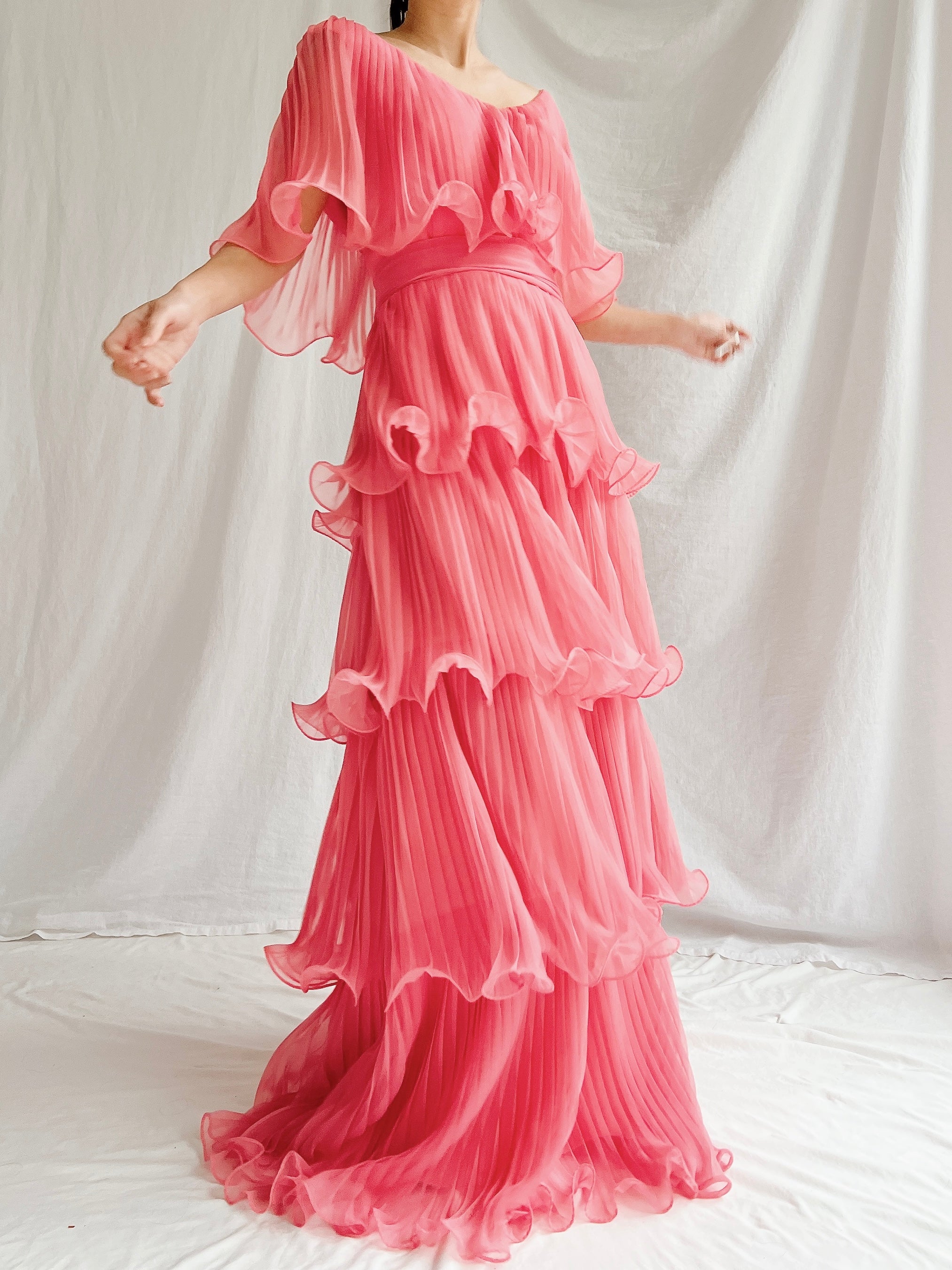 Vintage Watermelon Tiered Chiffon Dress - XS