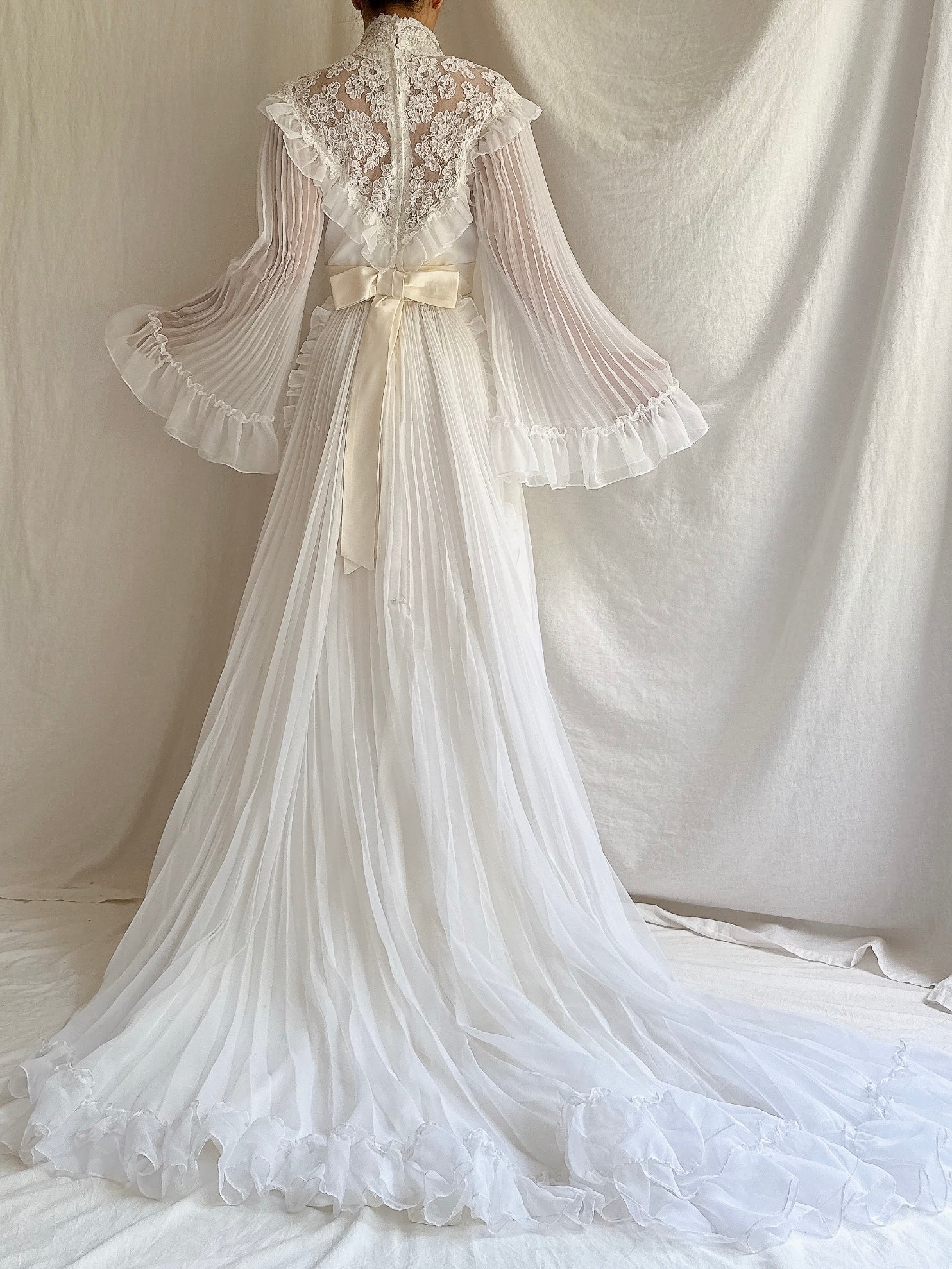 1970s Pleated Sleeves Chiffon Dress - S