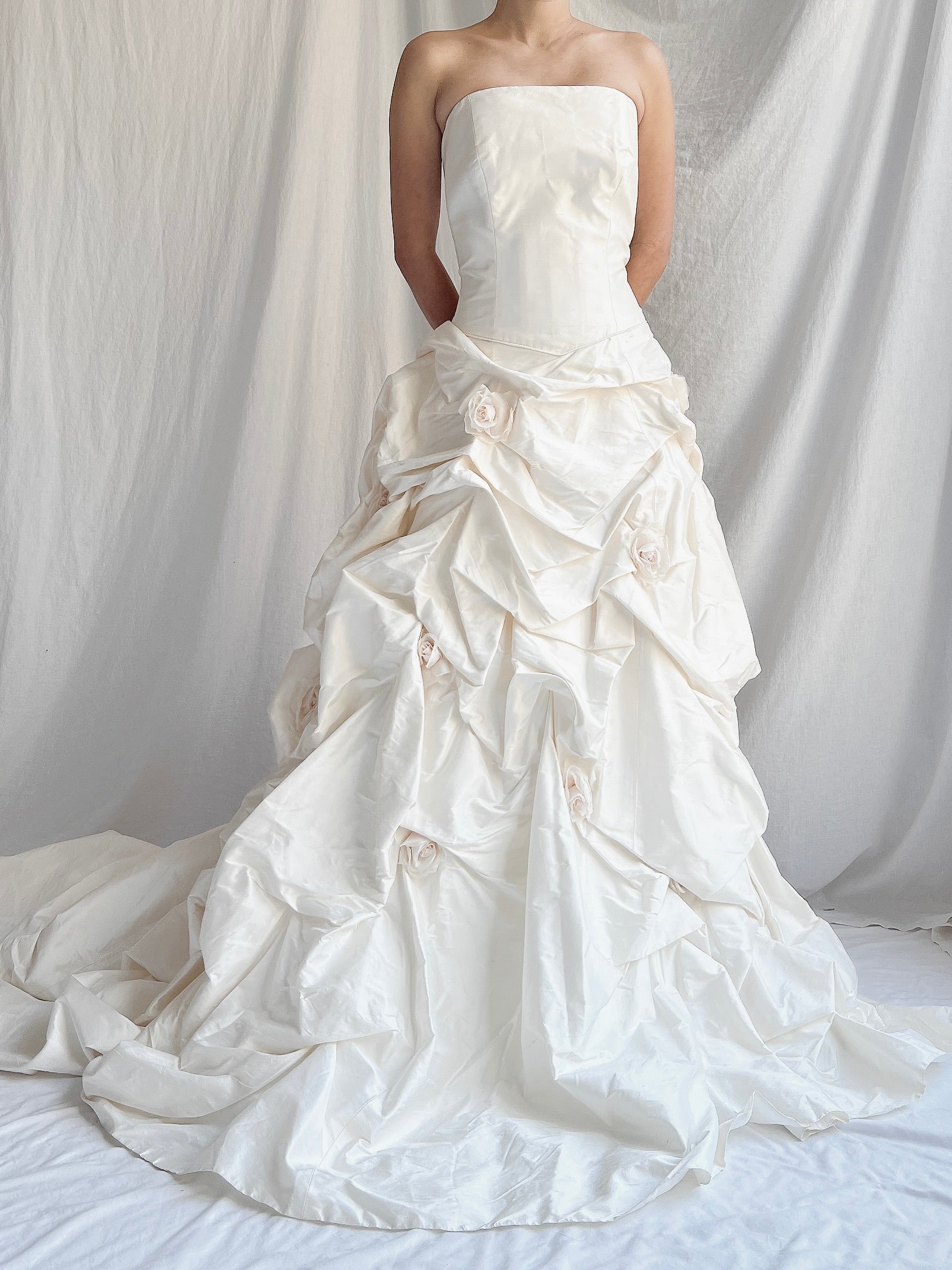 1990s Silk Dropped Waist Draped Rosette Gown - S/6