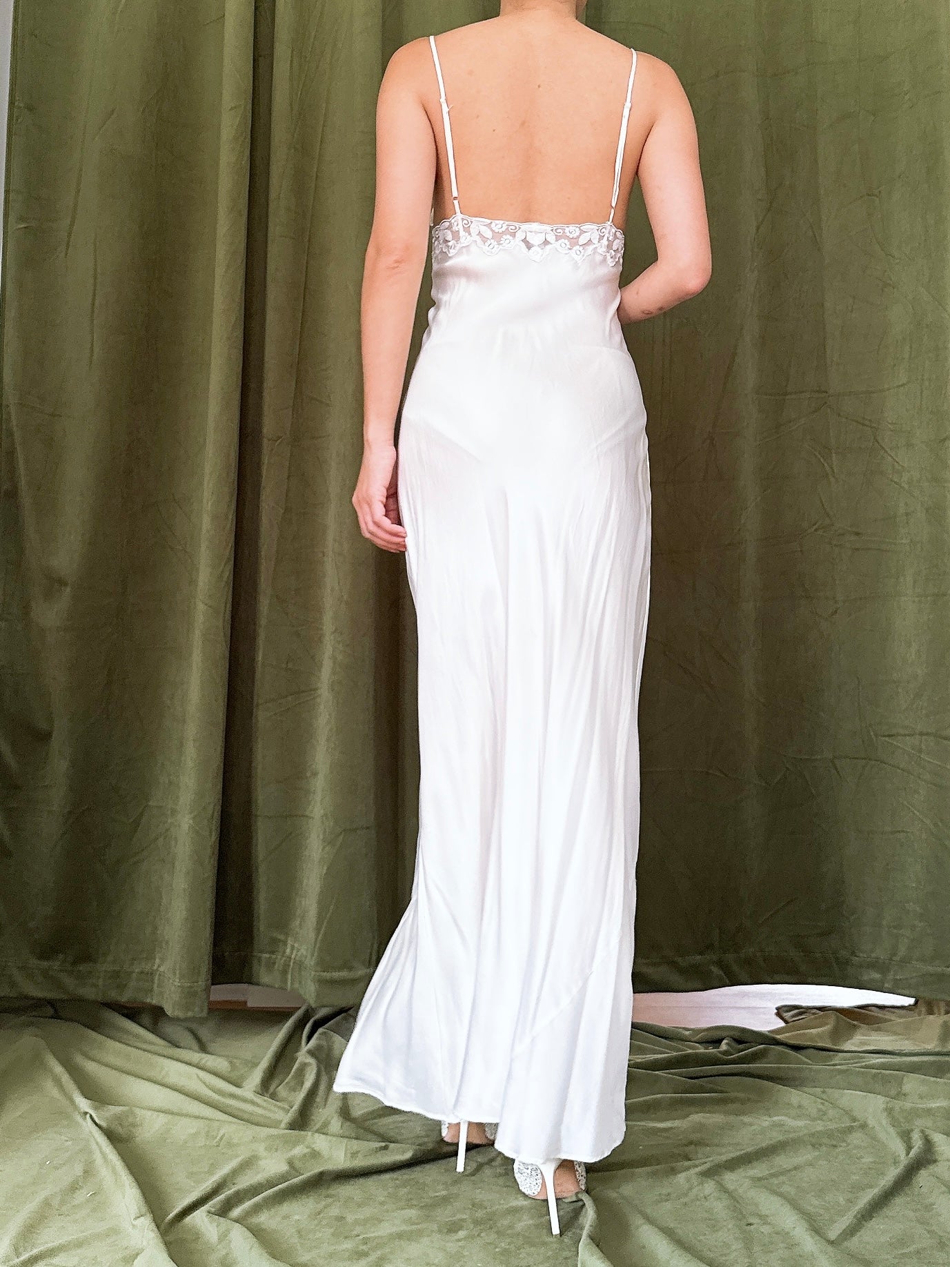 Vintage Embroidered Plunging Silk Slip - S