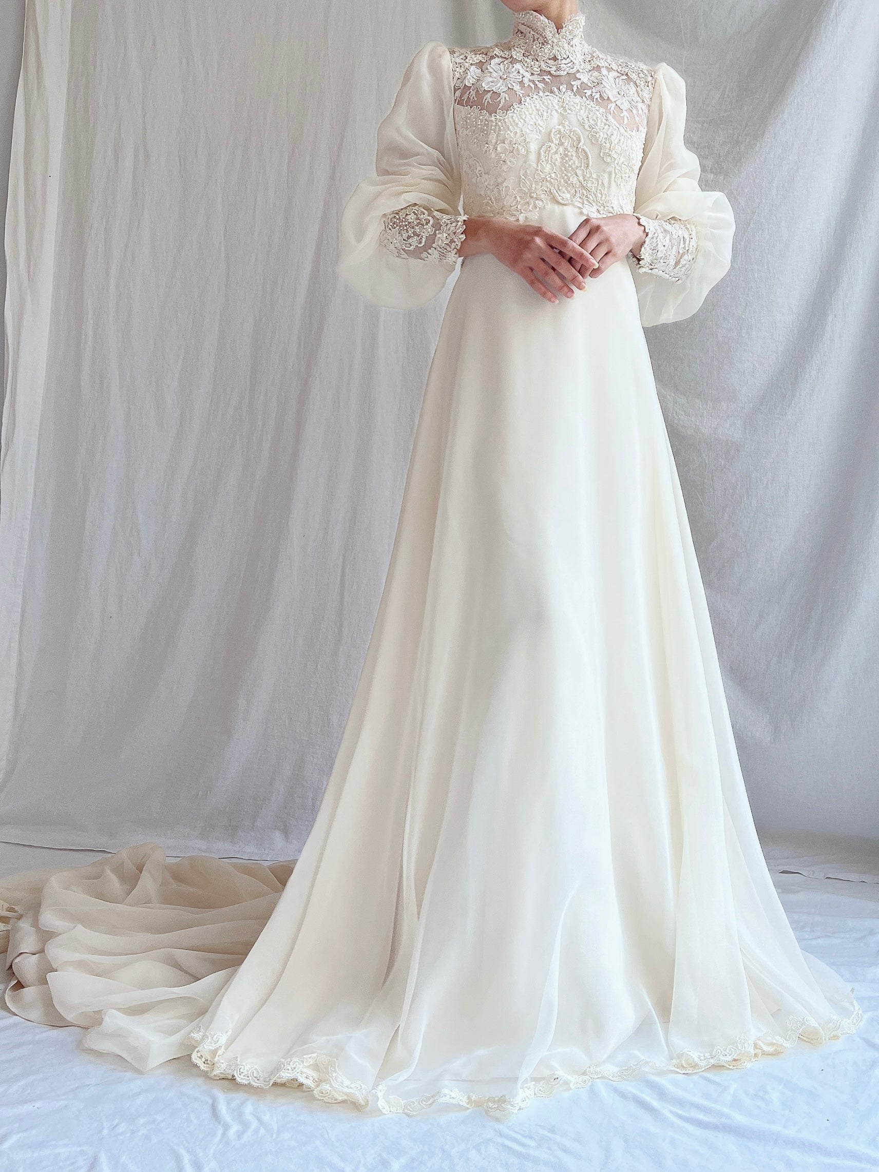 Vintage Poet Sleeve Chiffon and Lace Gown - S