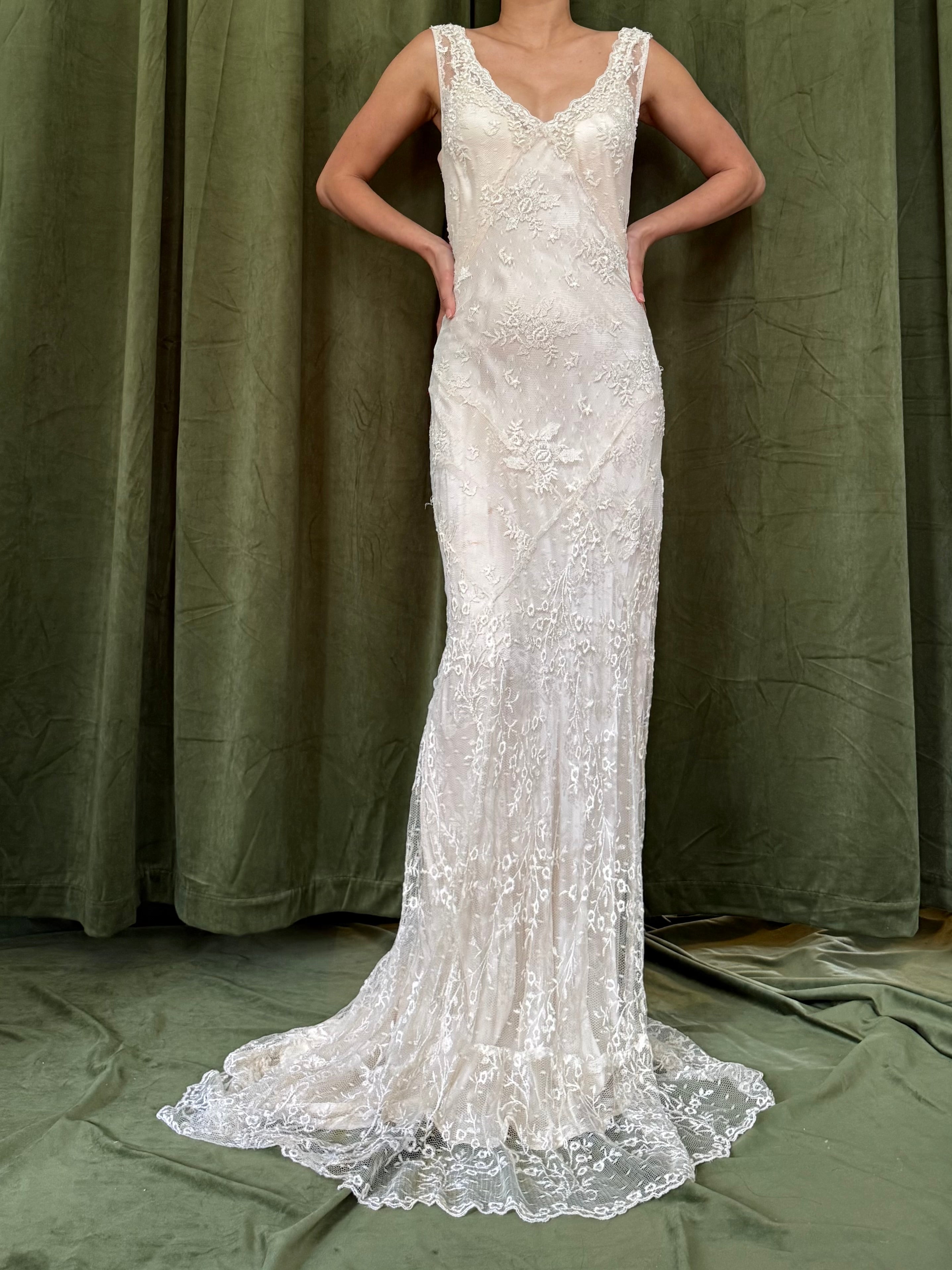 Vintage Beaded French Lace Gown with Silk Slip - S/M