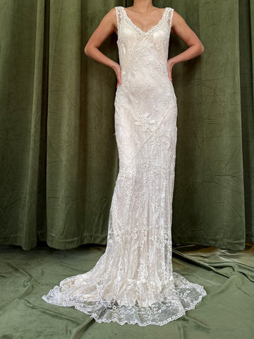 Vintage Beaded French Lace Gown with Silk Slip - S/M