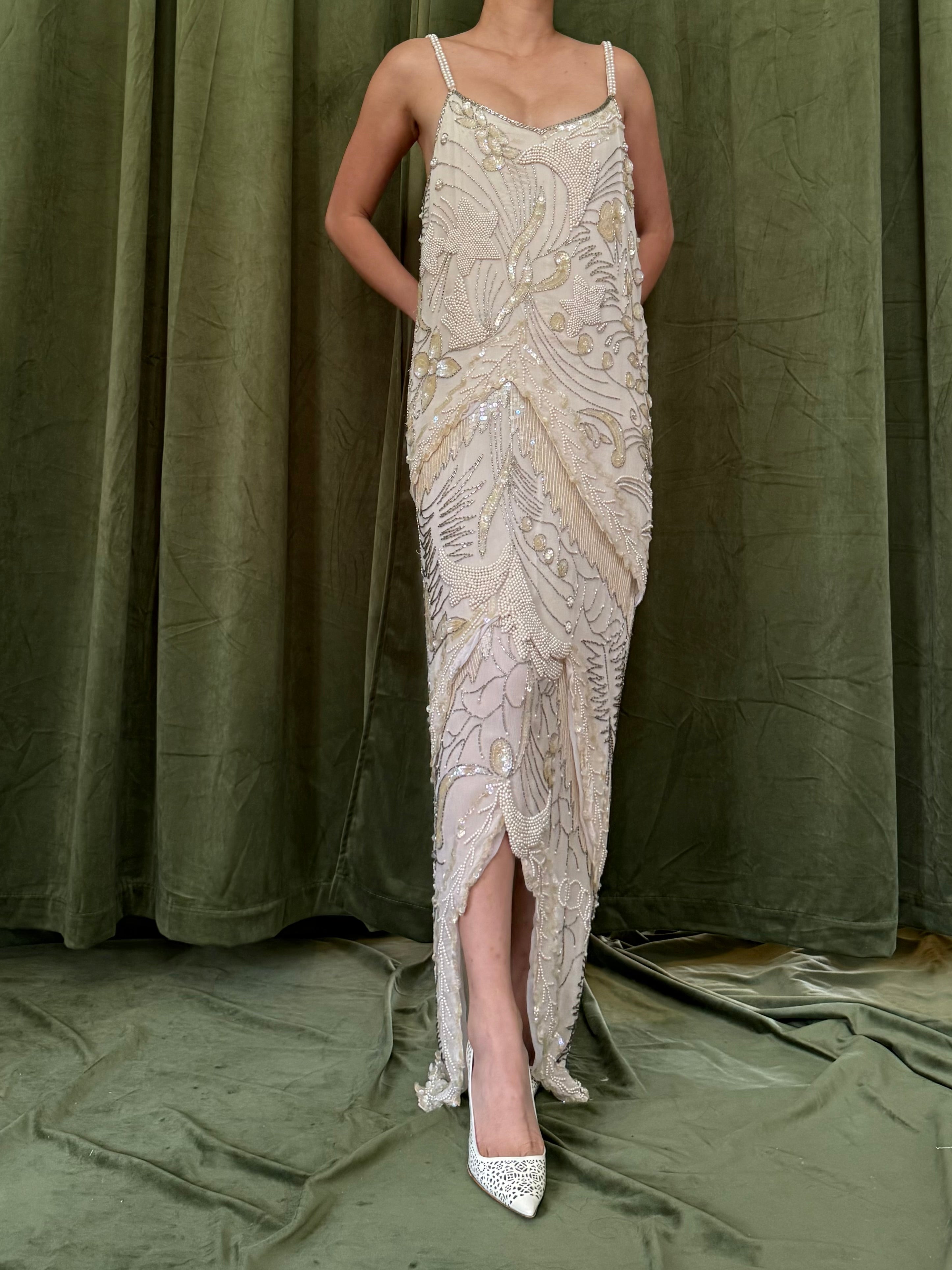 Vintage Silk Chiffon Beaded Gown - M