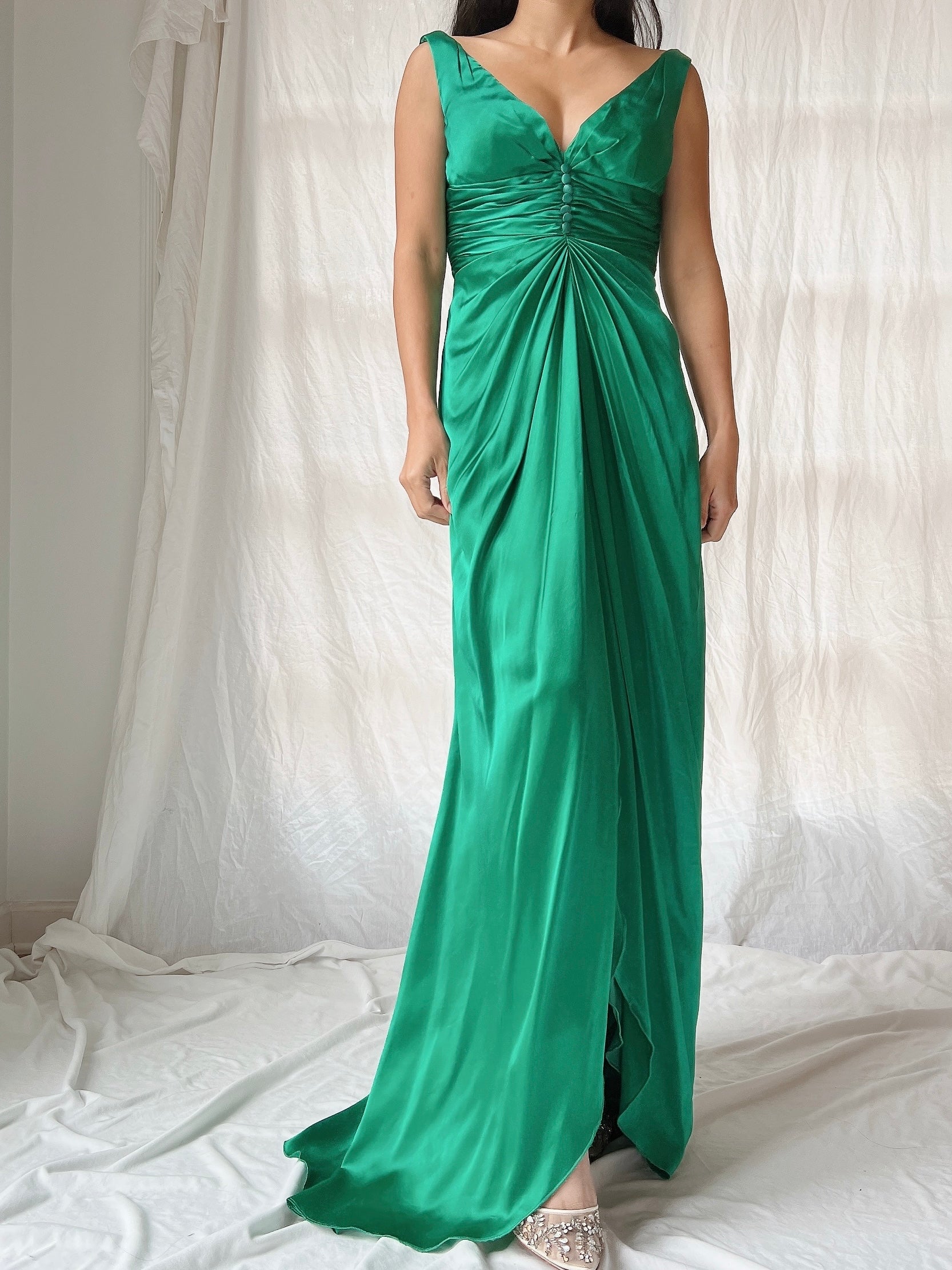 Vintage Emerald Silk Draped Dress - XS/2