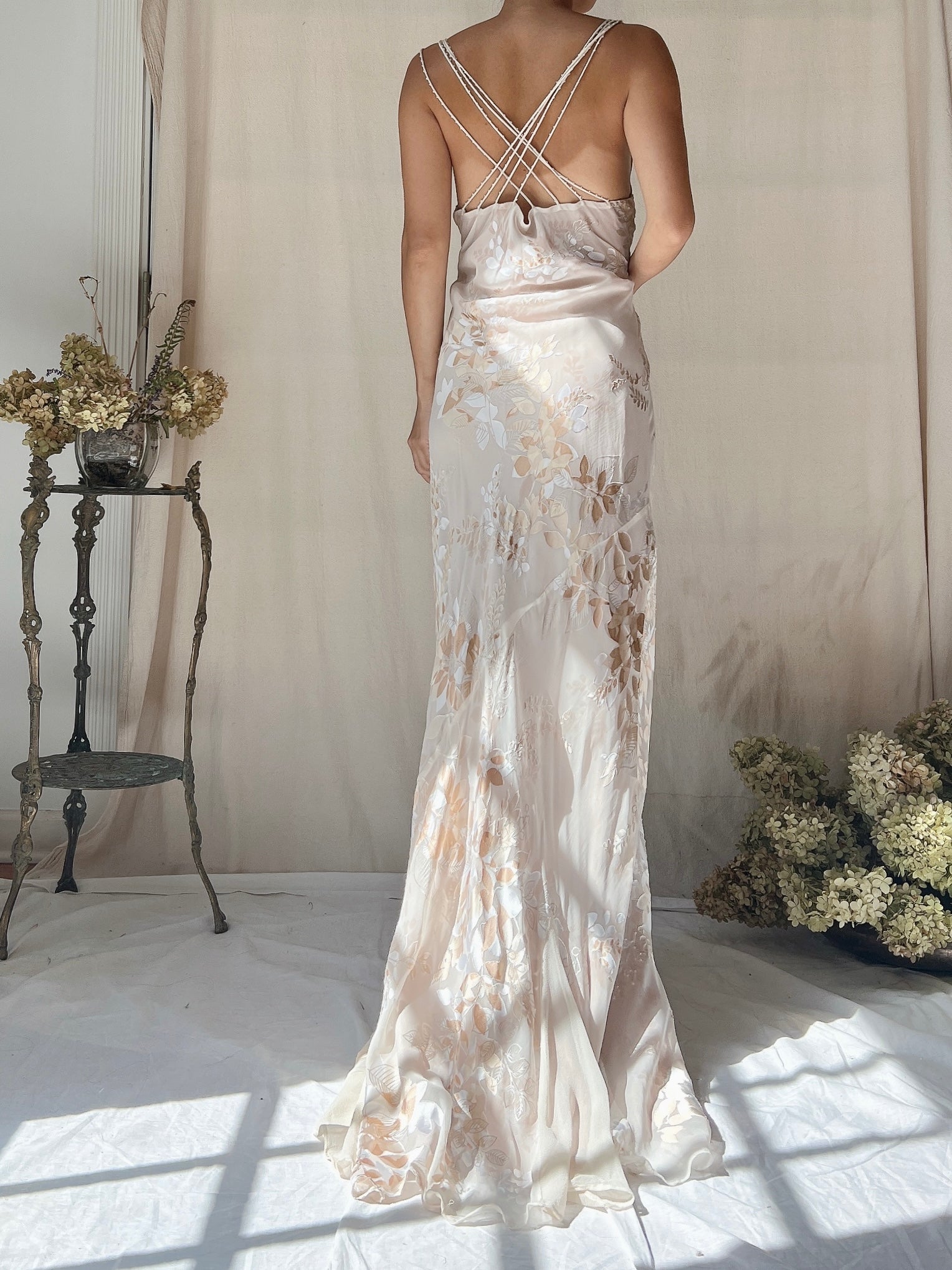 Vintage Almond Silk Cowl Bias Gown - L