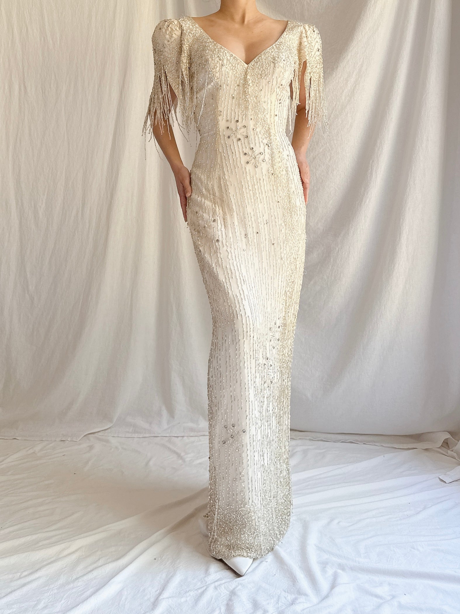 1980s Silk Chiffon Beaded Tassel Gown - S