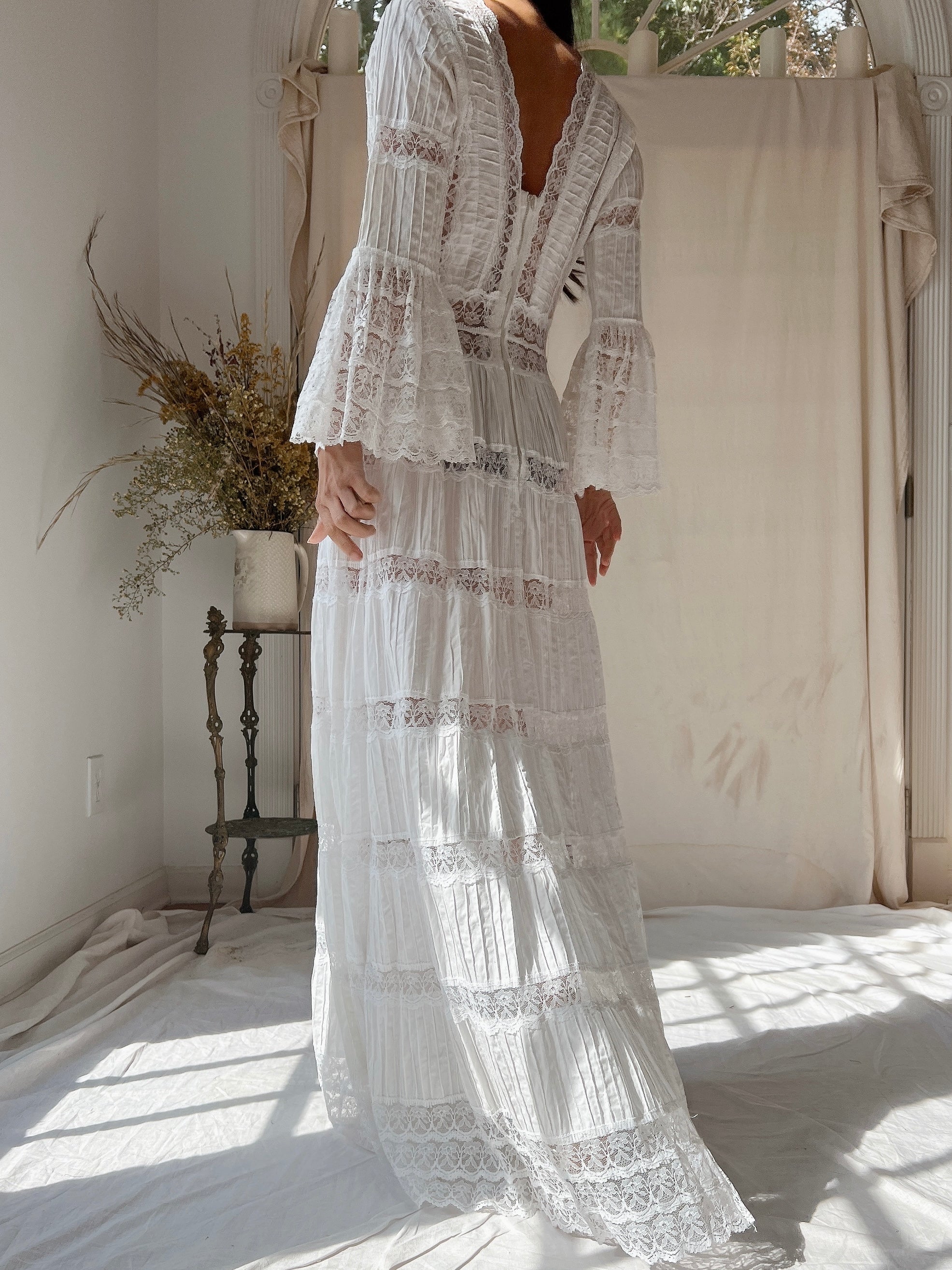 1970s Bell Sleeves Cotton Gown - XS