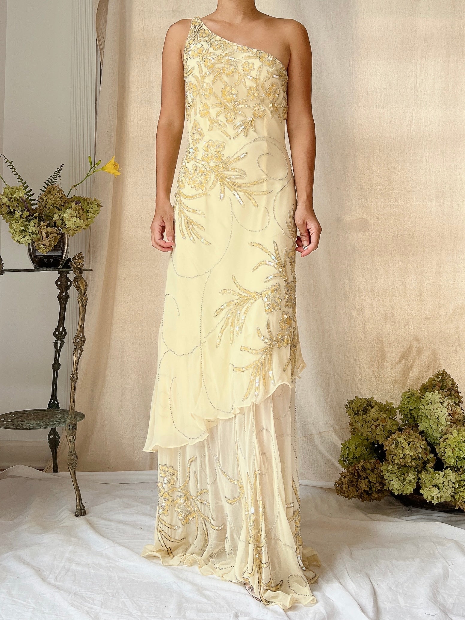 Vintage Silk One Shoulder Beaded Tiered Gown - S