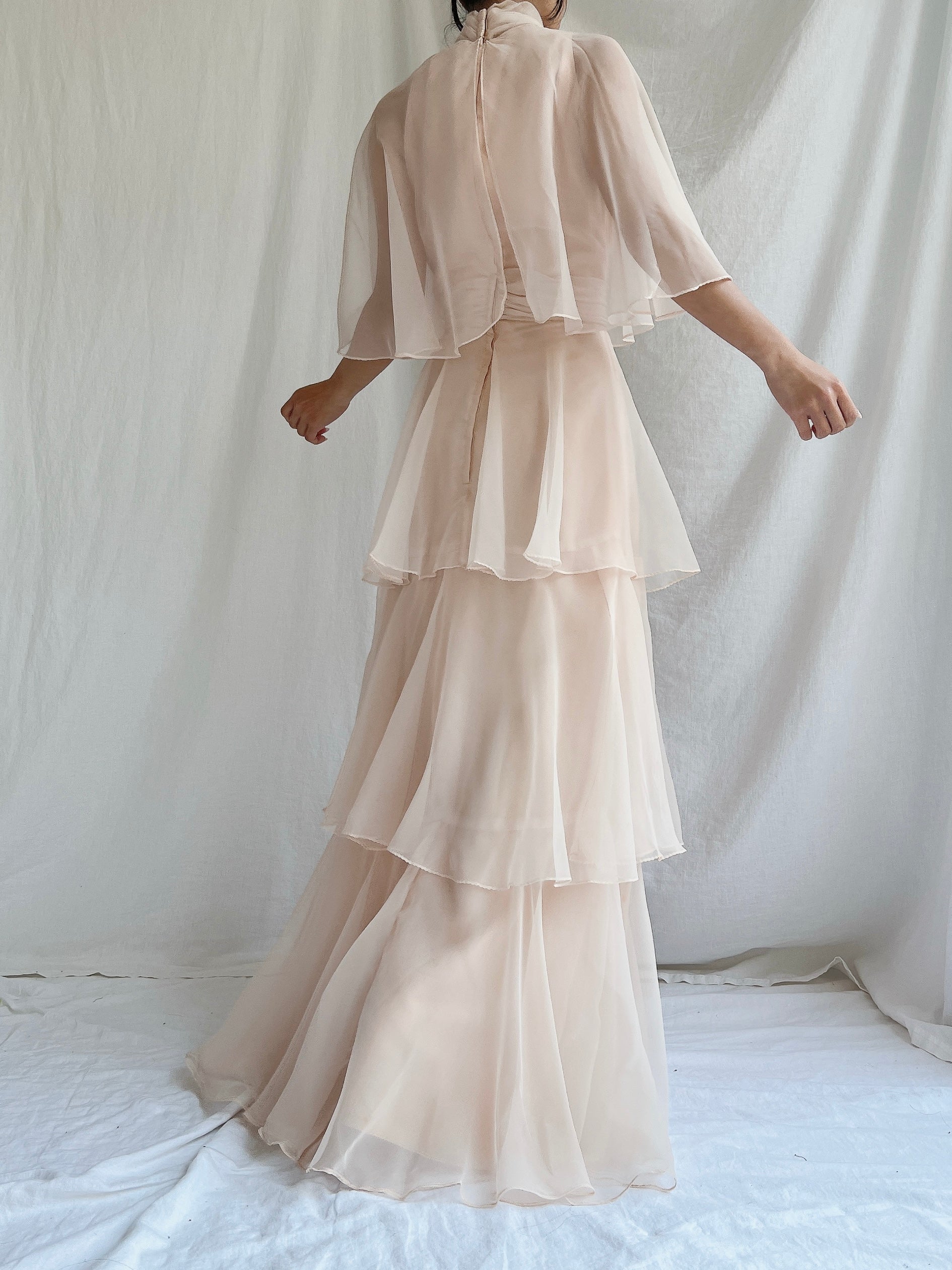 Vintage Almond Tiered Chiffon Dress - S/4