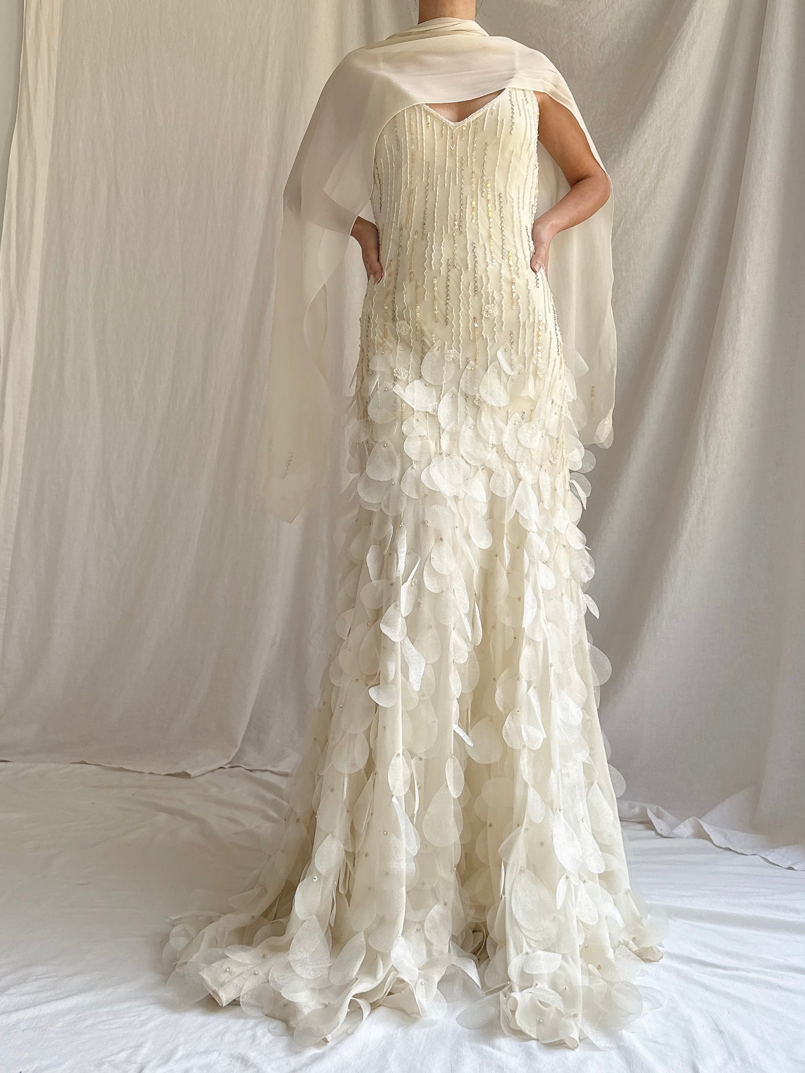 Vintage Ivory Silk Chiffon Gown with Shawl - S/M
