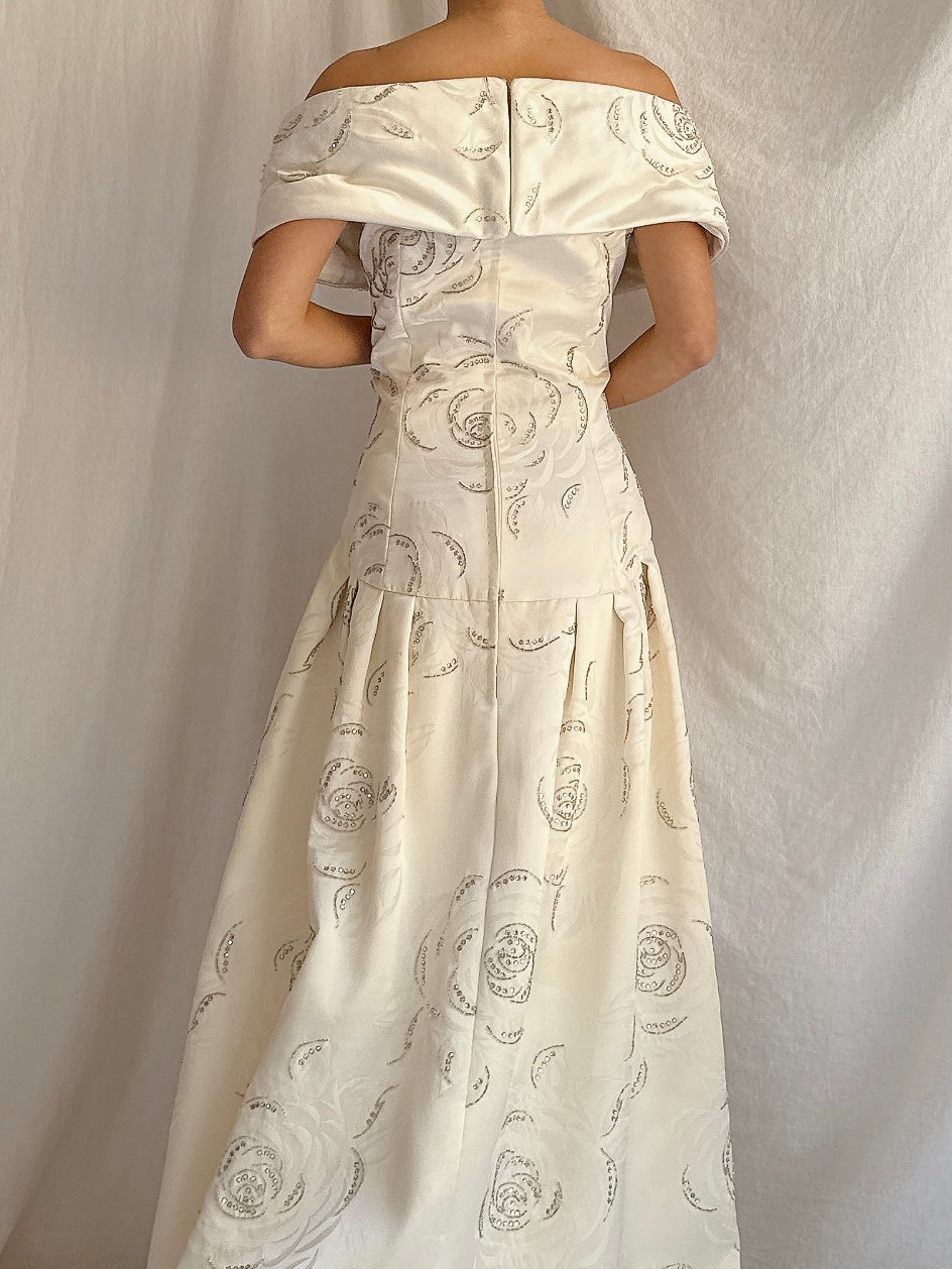 1980s Satin Rhinestone Roses Gown - M/L