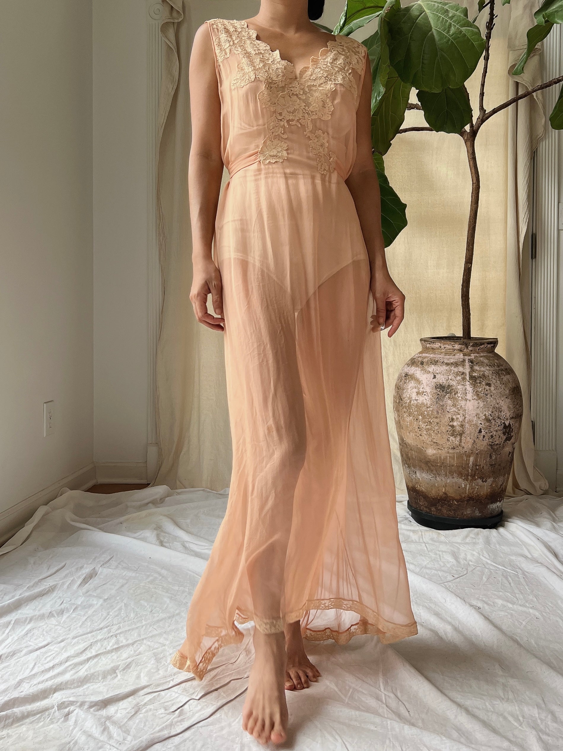 1930s Peach Silk Chiffon Gown -S/M