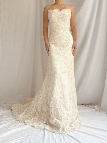 Vintage Strapless Lace Embroidered Gown - M/6