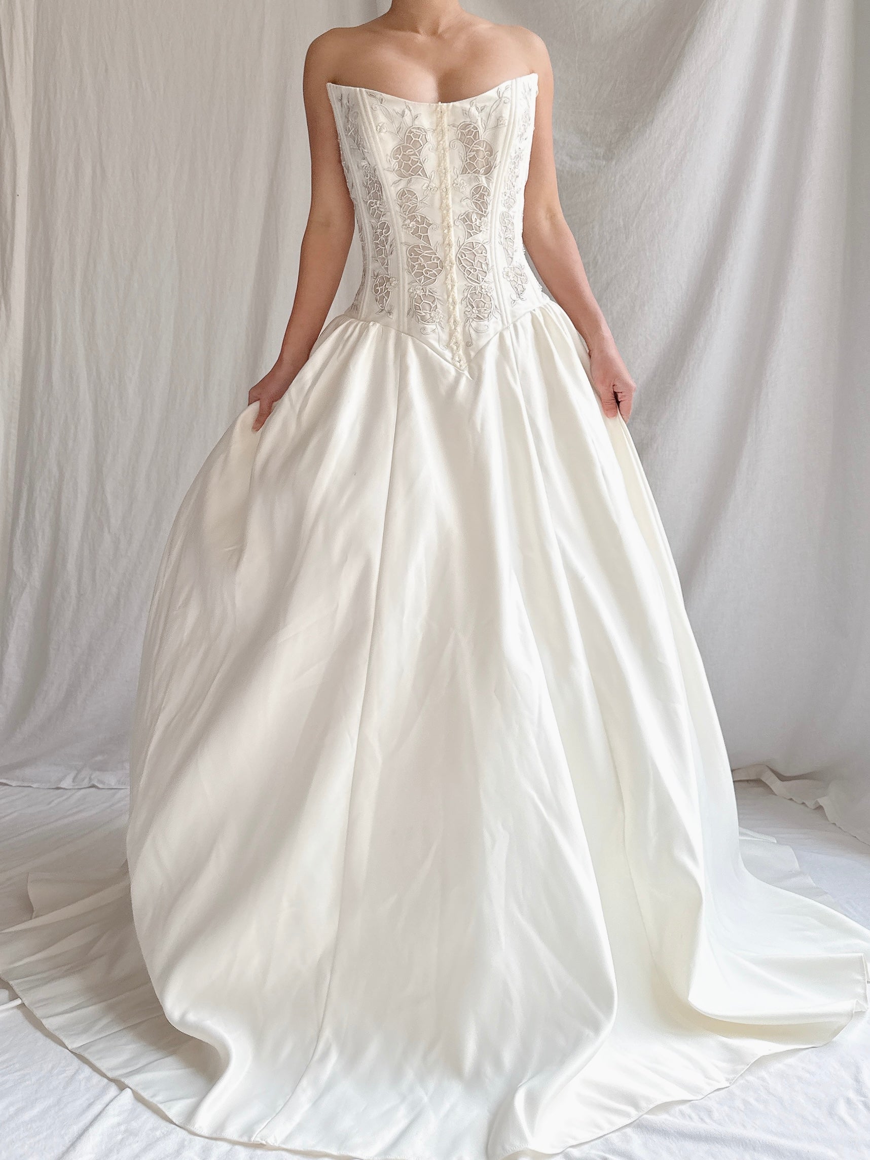 Vintage Bustier Basque Waist Ruched Gown - M