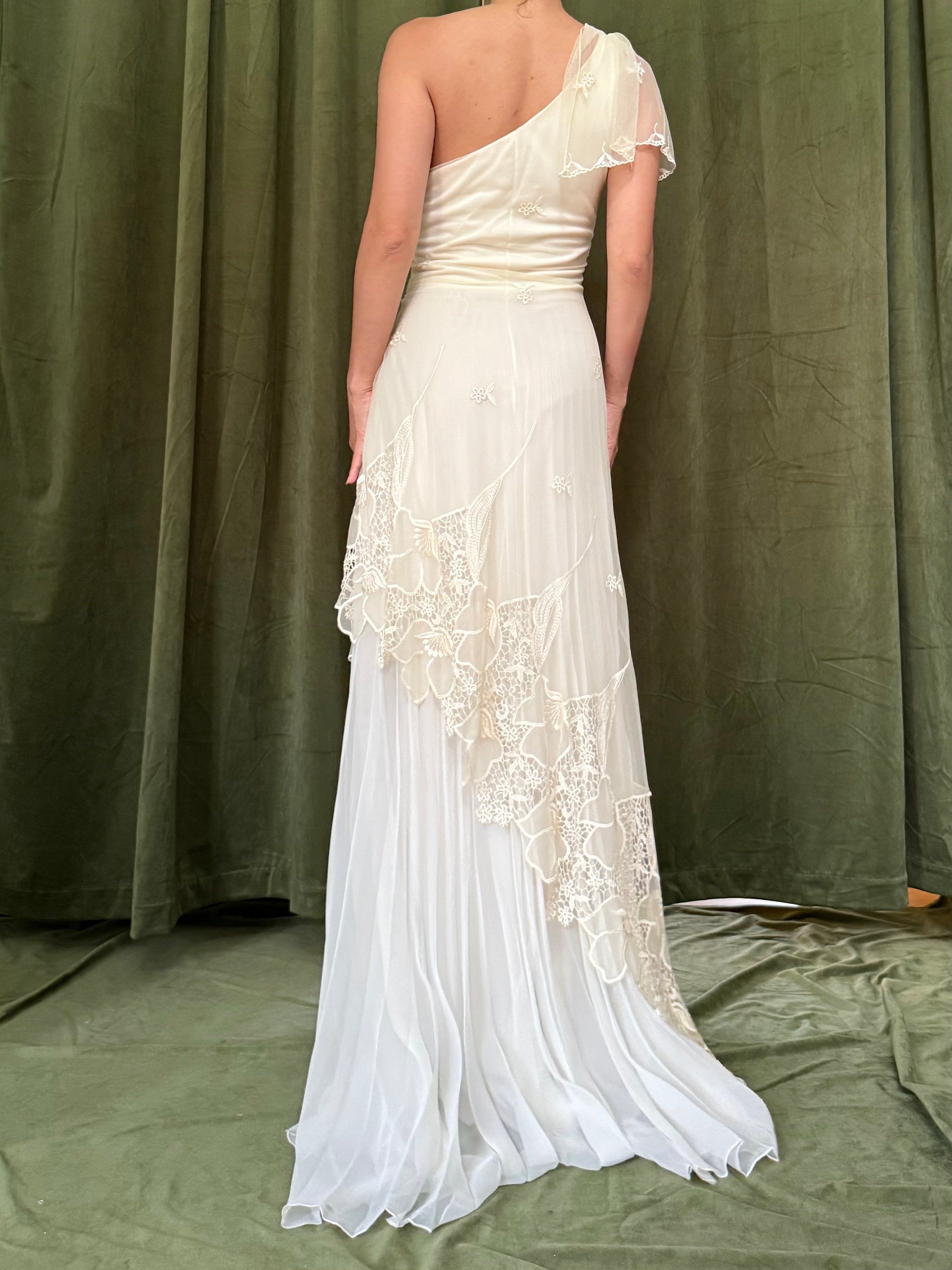 Vintage Rayon Tulle Chiffon One Shoulder Gown - S/4