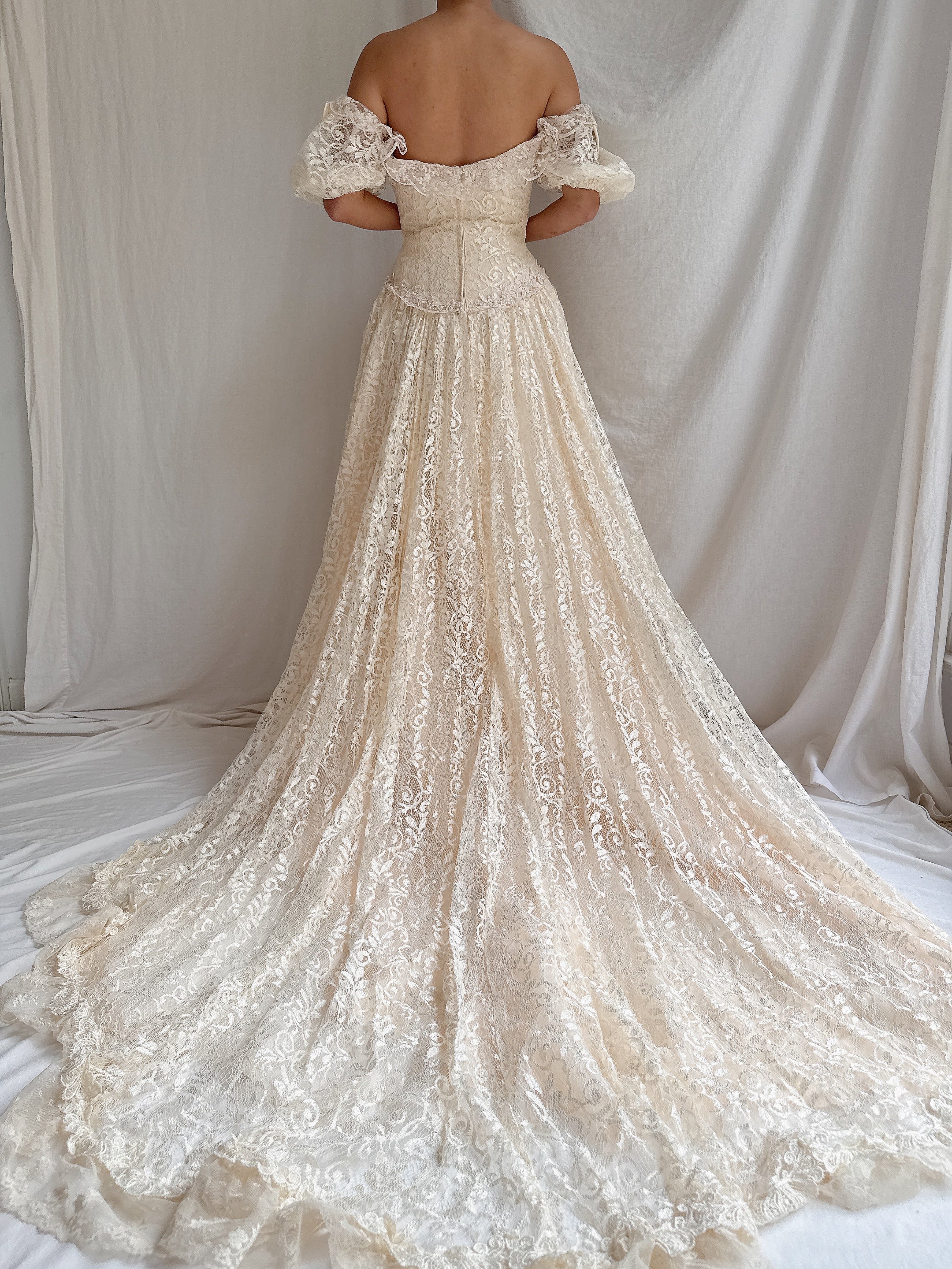 1980s Off-the-Shoulder Lace Gown - S