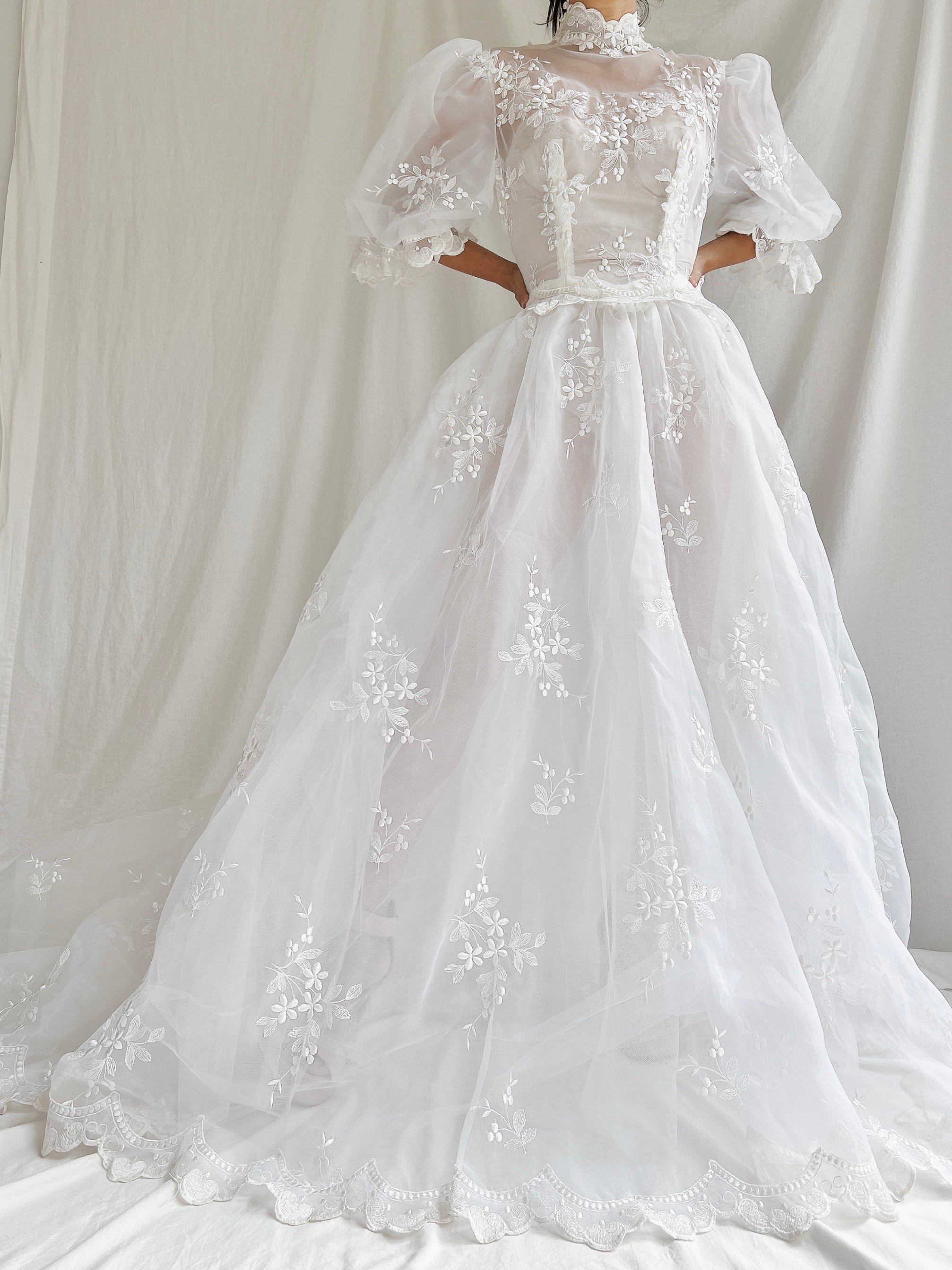 Vintage Sheer Puff Sleeves Gown - S